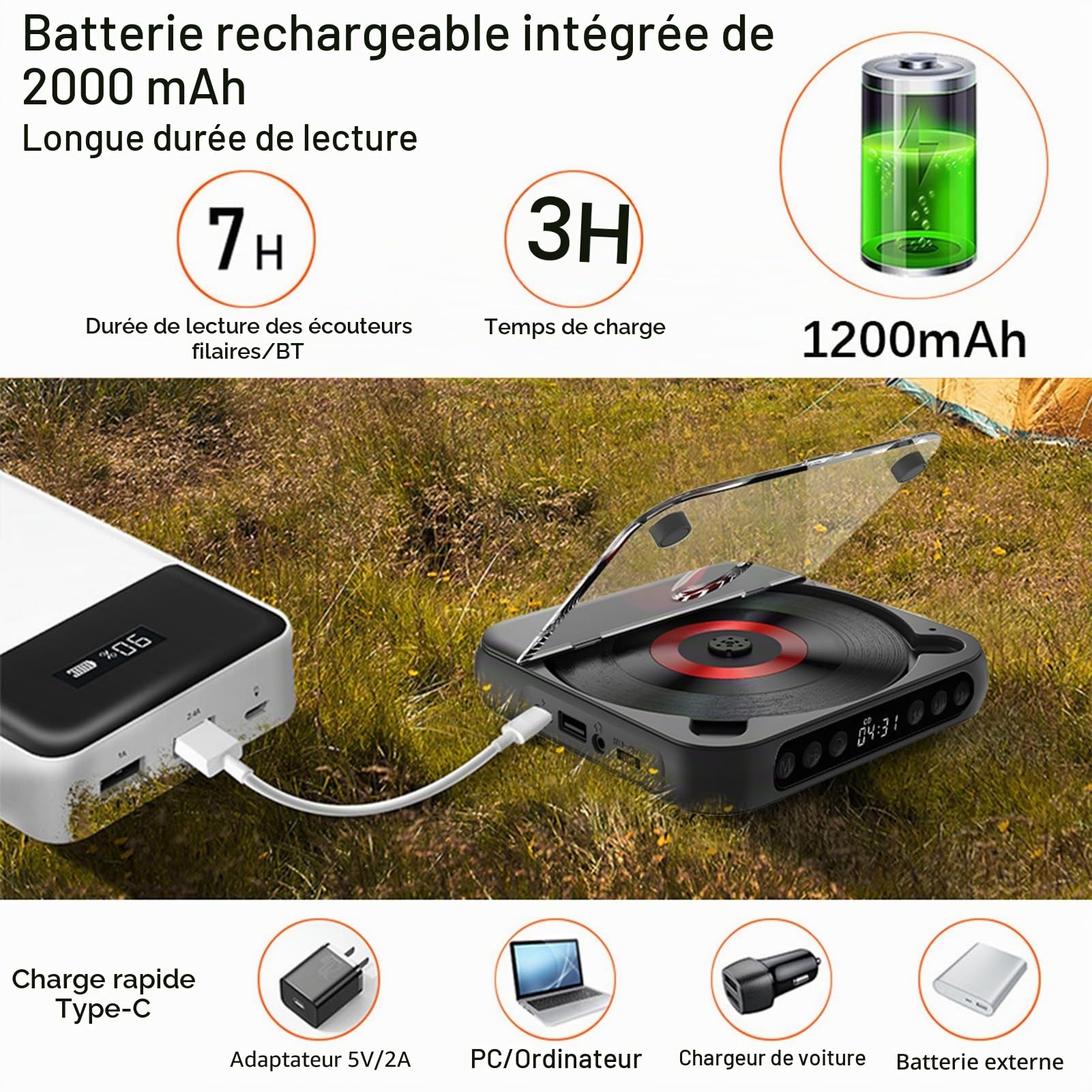 Kavolet Lecteur CD Portable BT - Lecteur CD avec Couvercle Anti-poussière - Casque Inclus - 6 Modes - Minuterie de répétition AB - Télécommande - Fonction de Lecture Externe