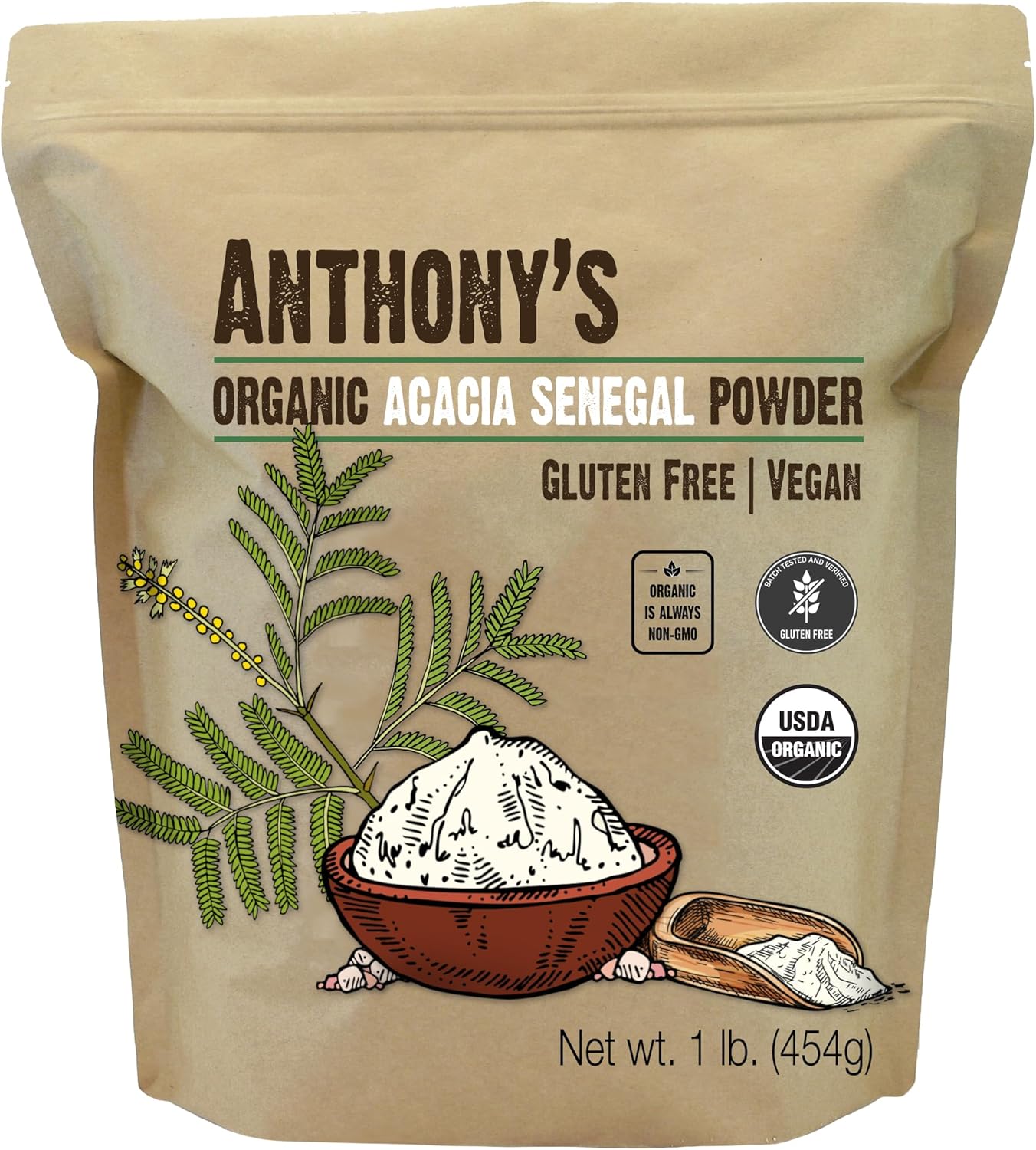 Anthony's Organic Acacia Senegal Powder, 1 lb, Batch Tested Gluten Free, Non GMO, Soluble Fiber, Prebiotic 1 Pound (Pack of 1) - Image 1 of 6