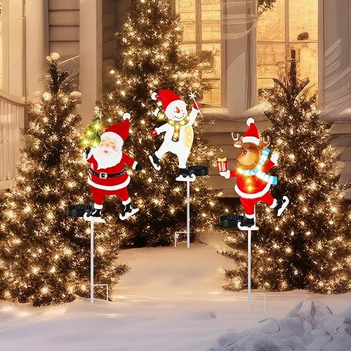 Miniatura 7 de BTY Paquete de 3 estacas de Navidad para decoración de Navidad, luz solar de jardín al aire libre, estacas de metal con luces LED para decoración de