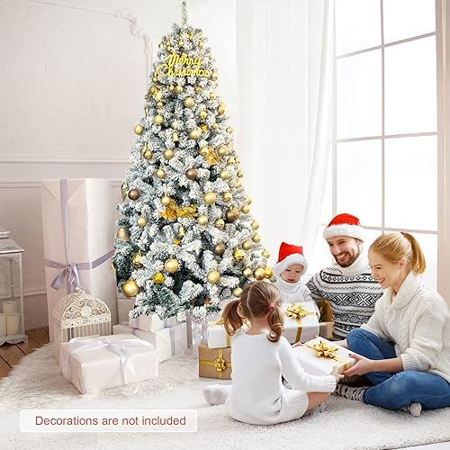 Miniatura 8 de COSTWAY Navidad artificial de 7.5 pies, de PVC de alta calidad, árbol de pino de nieve flocado con soporte de metal sólido, ideal para interiores y