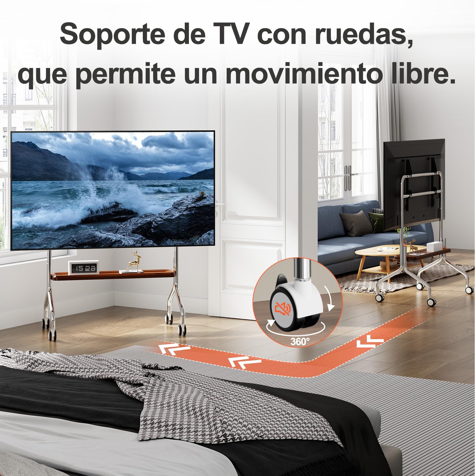 Soporte TV Ruedas para Televisión de 32 a 75 Pulgadas, hasta 50 kg | Con Estante, Tablero Perforado, Giro 360°, Diseño en acero inoxidable, Gestión de Cable, Máx.VESA 600x400mm