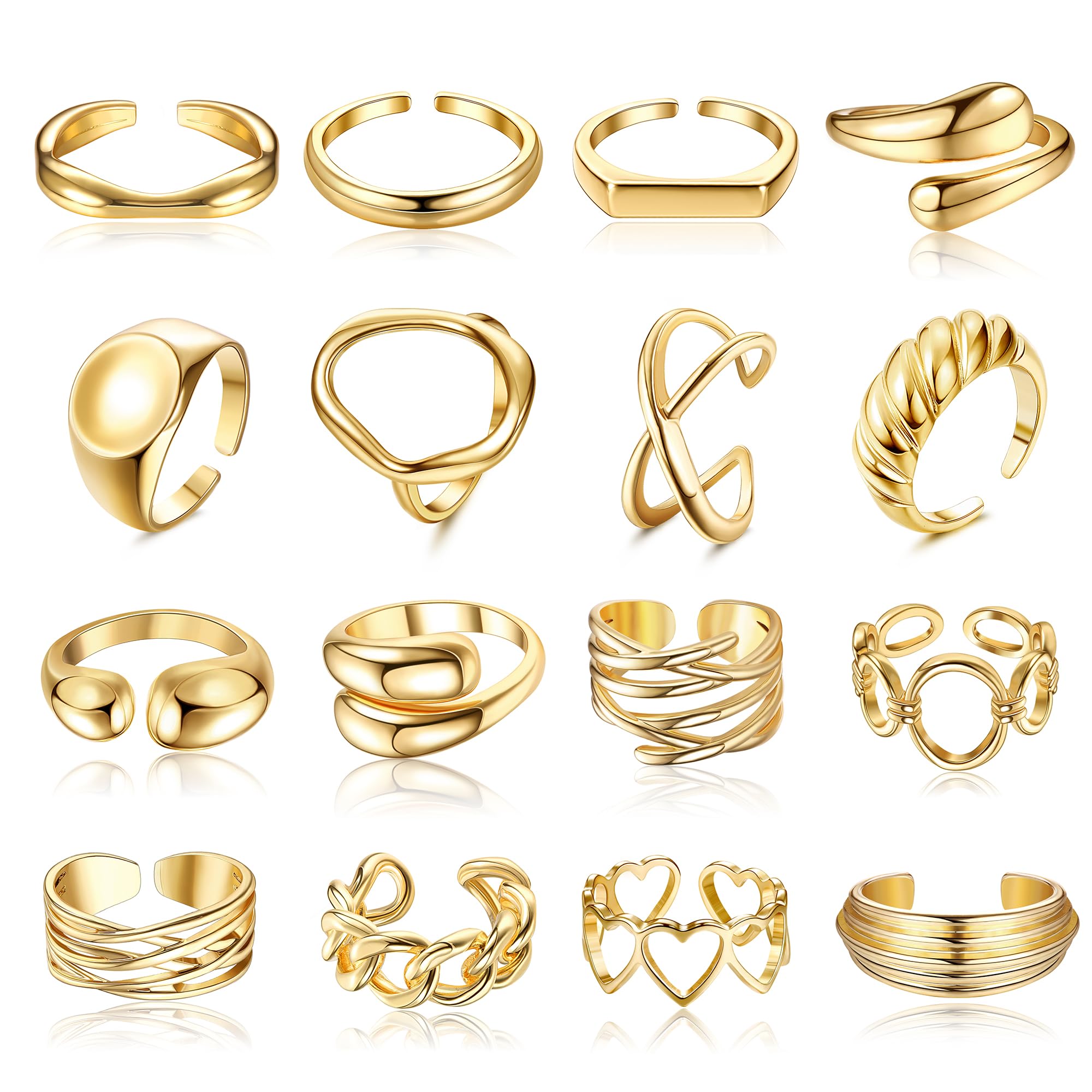 HAIAISO 16 Pcs Chunky Rings Set for Women Non Tarnish 18K Gold Plated Chunky Rings Adjustable Stackable Thick Dome Ring Pack