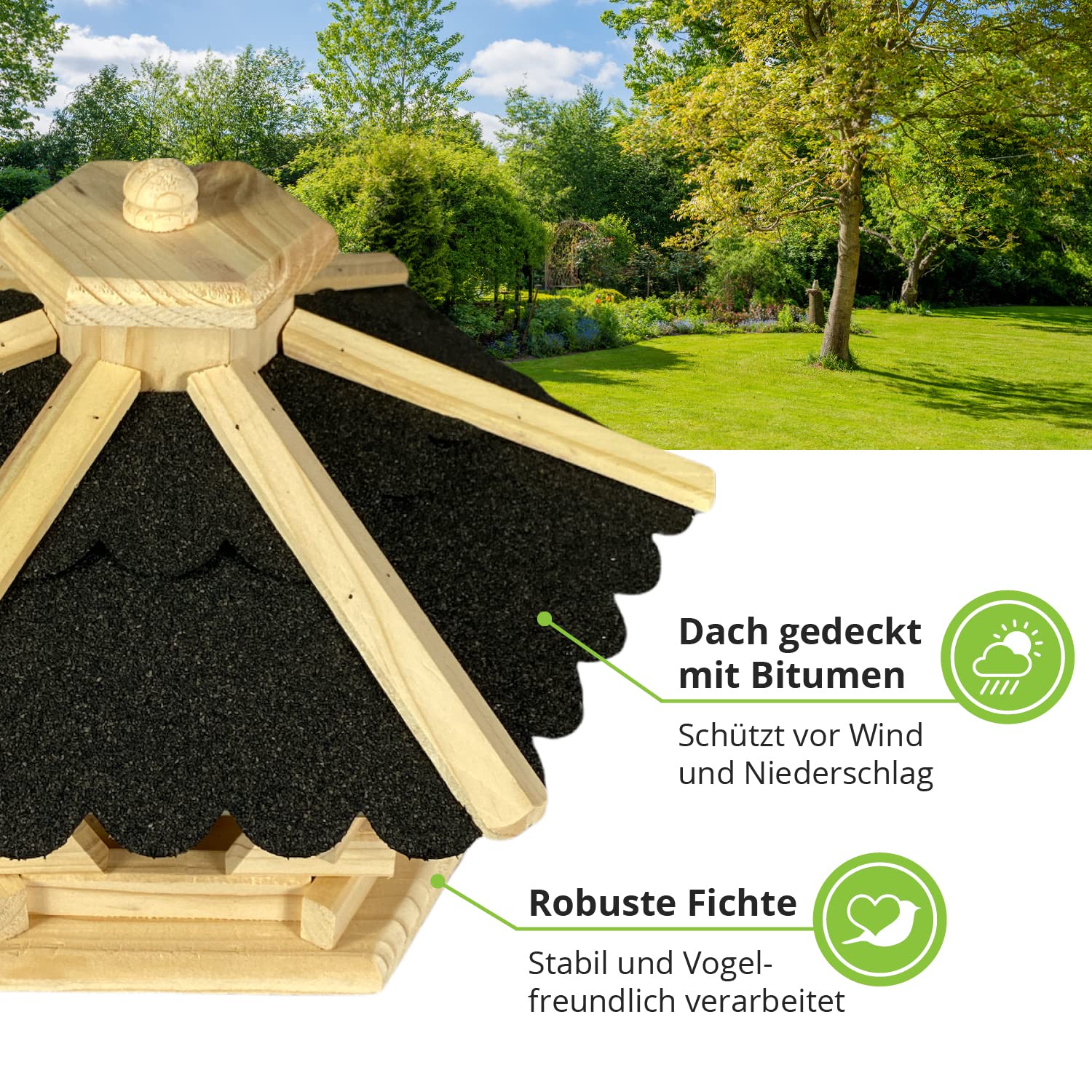 GARTENETAGE Futterhaus Skandinavia mit Futtersilo für Vögel/massives Vogelhaus aus Holz, wetterfest/Vogelhäuschen für Balkon und Garten, handgefertigt/Futterhaus für Vögel - Farbe Natur