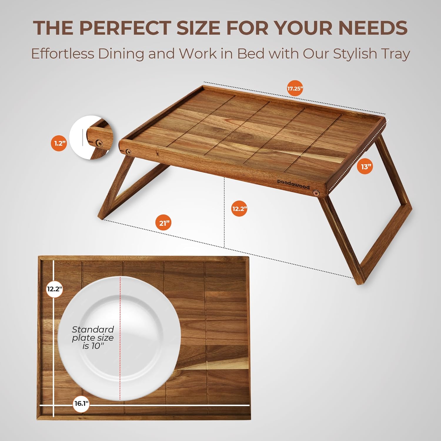 PANDAWOOD Acacia Wood Bed Tray Table - Large Folding Breakfast in Bed Tray with Legs - Laptop Lap Desk for Eating on Couch - TV Dinner Tray with Handles (Light Brown)