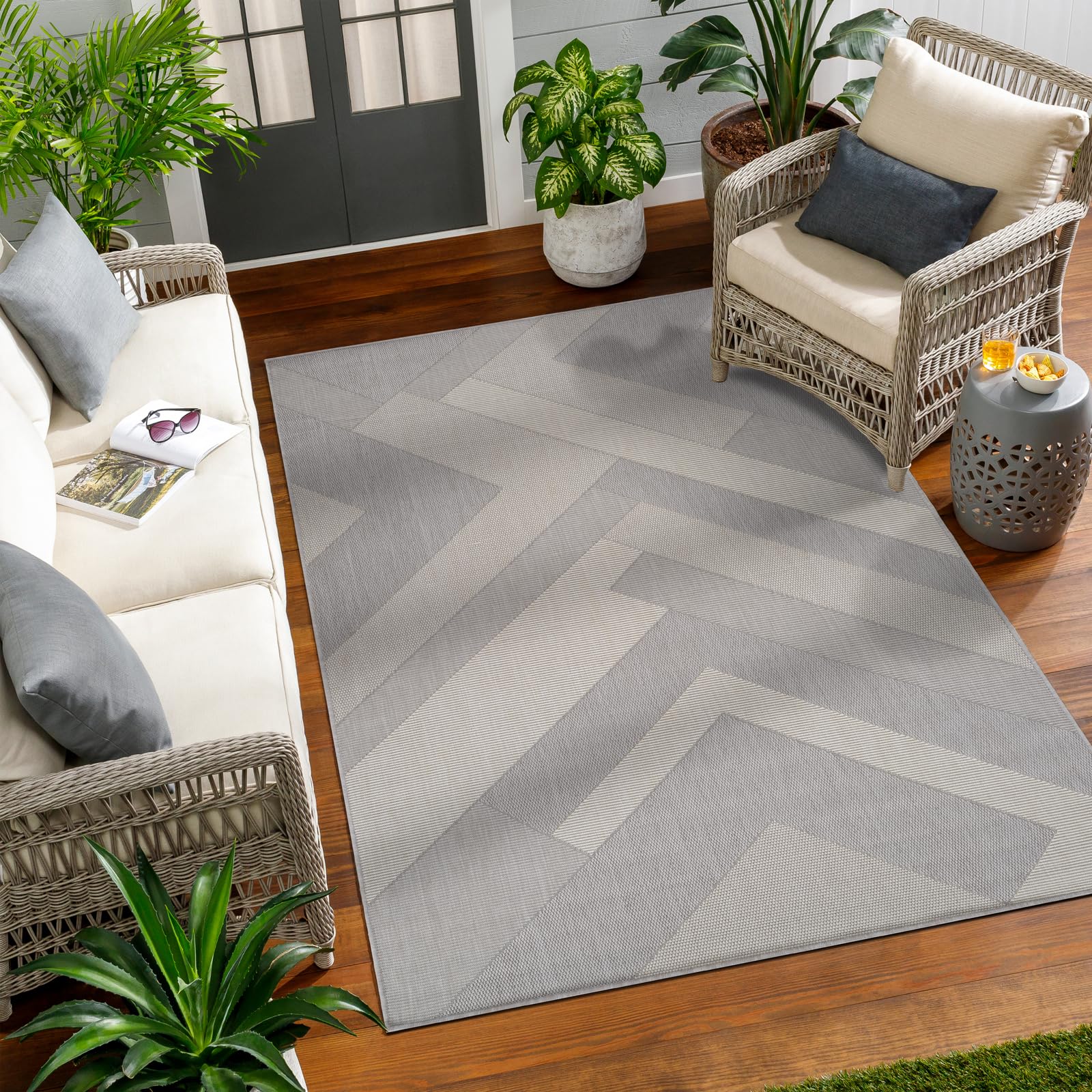 Livabliss Tekeli Tappeto da Esterno ed Interni Tappeto Esterno Terrazzo Moderne, per Giardino, Balcone, Stile Boho Tappeti Ampi Dimensioni, 120x170 cm Grigio e Avorio