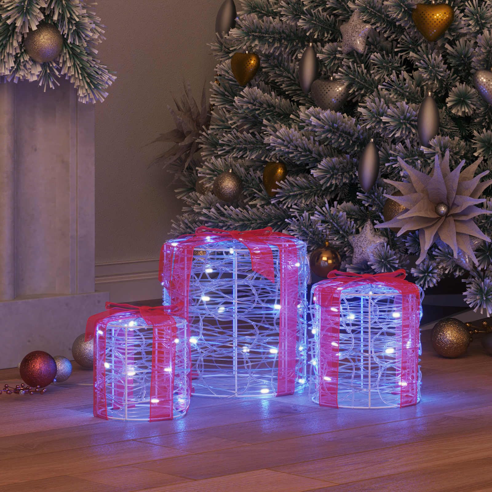 Pudełko na prezent, dekoracja, niebieski, akryl, 20 x 20 x 21 cm, 3 sztuki ze zintegrowanymi paskami LED do dekoracji choinki, świątecznej dekoracji i zimowej atmosfery