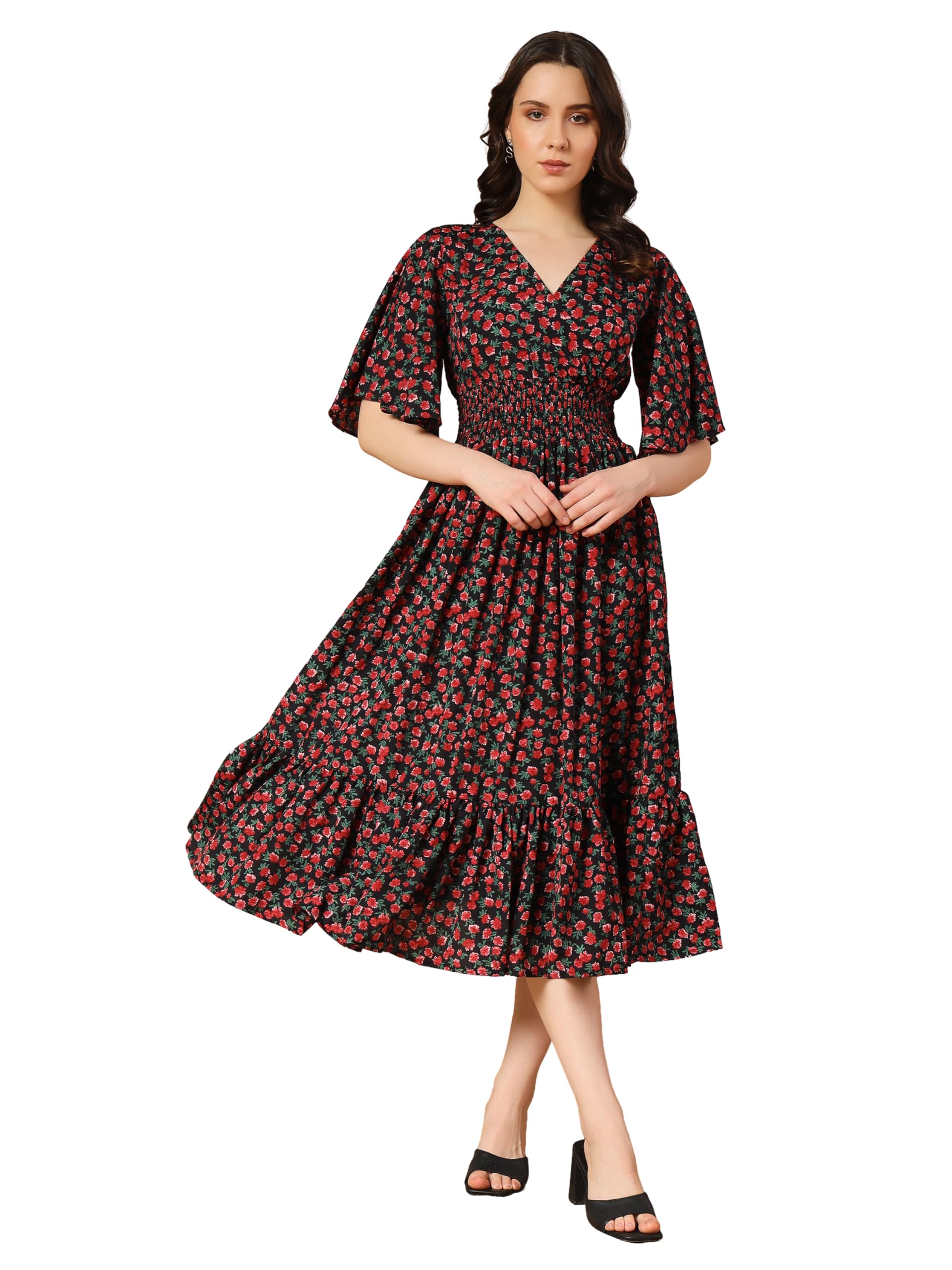 Kzully Women's Rayon Smocked Midi Casual Dress (6001-Red-Small-Flower-L_Red-Flower_L)