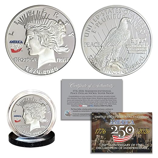 Proud Patriots America 250th Anniversary Peace Dollar Nickel Proof Coin – 1776-2026 Double-Dated Tribute with Red, White & Blue Privy Mark – 39mm Non-Monetary Collectible