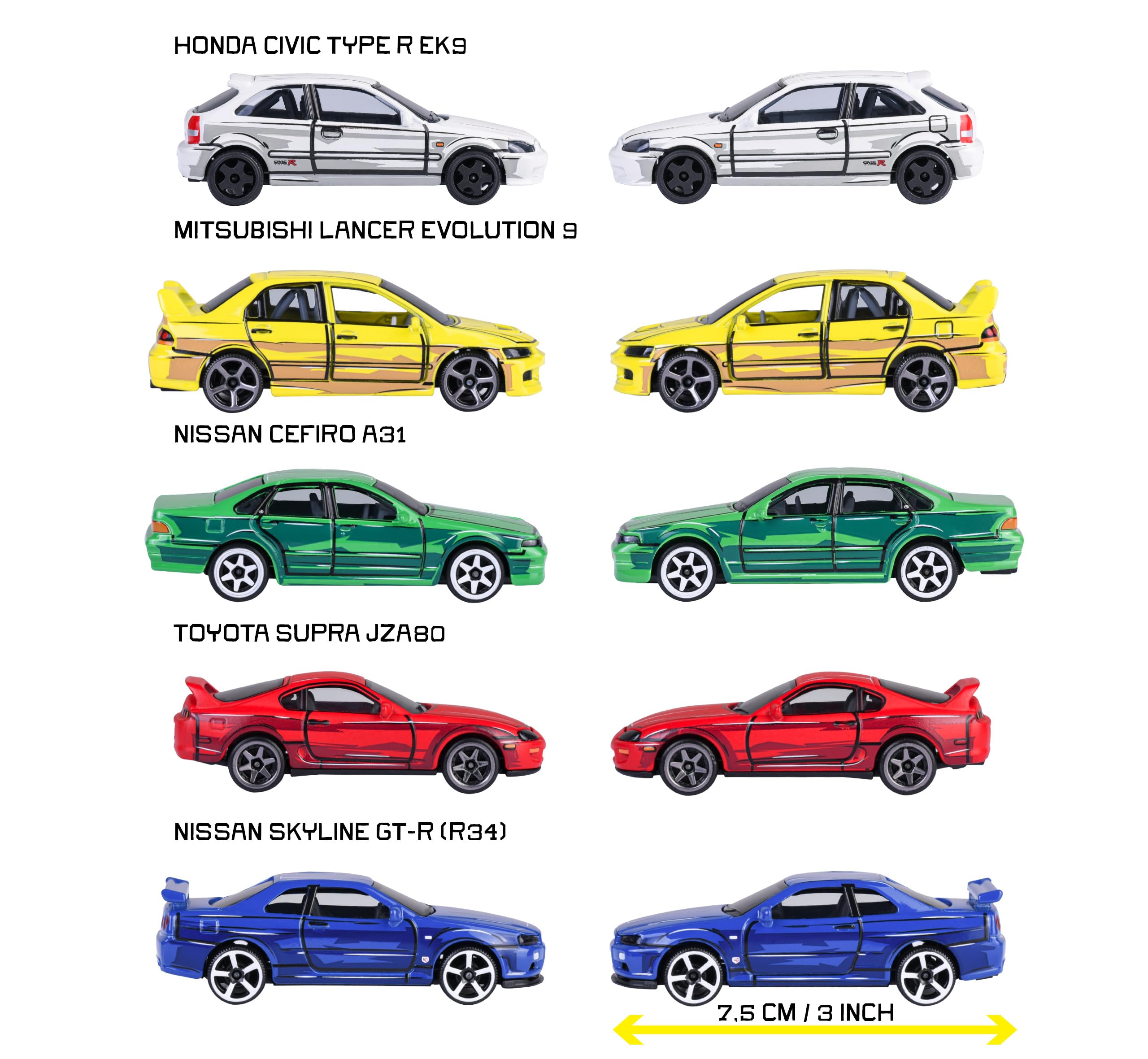 Majorette, JDM Leyends Giftpack 5 Auto, Set di 5 Auto, Honda, Nissan, Toyota, Mitsubishi), Metallo, Scala 1:64, 7,5 cm, Ruota Libera, Scatola Decorata, Licenze Ufficiali, 3 anni (8504105000)