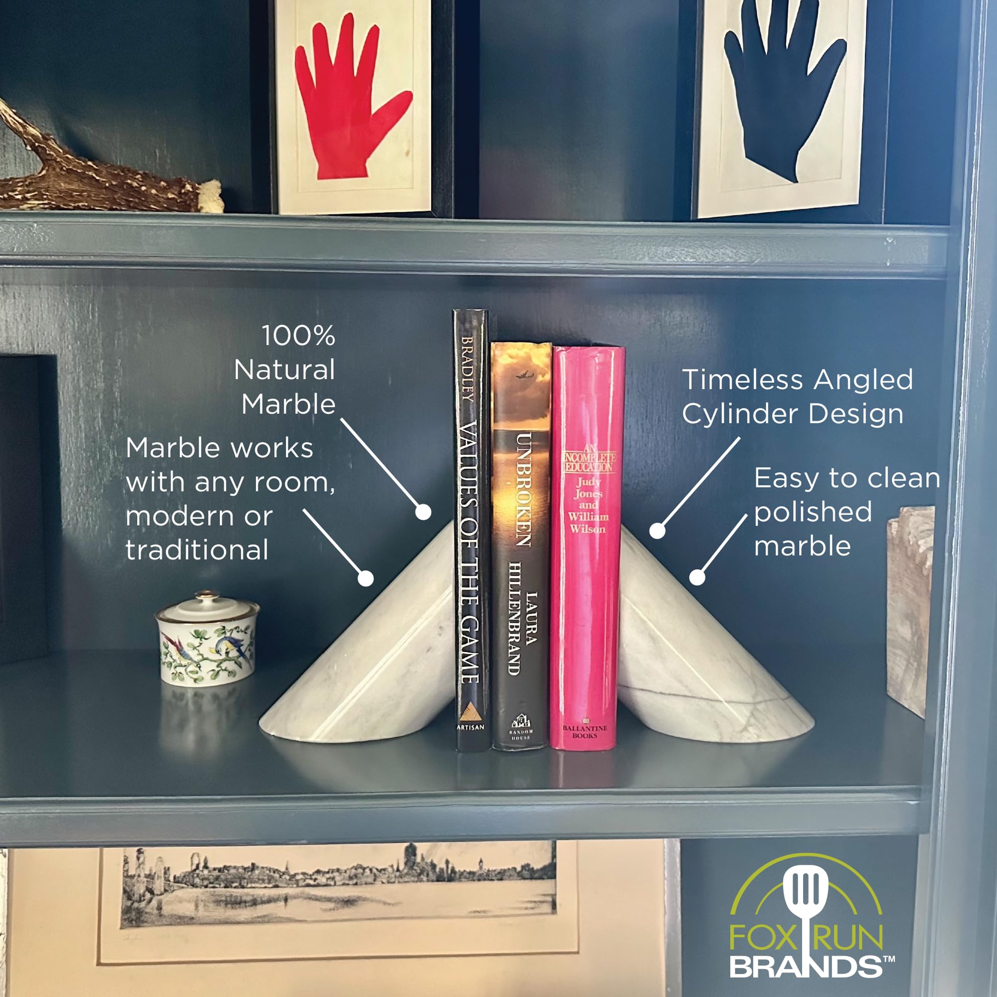 Fox Run 100% Natural Polished Marble Bookends, White, Set of 2, Angled - Image 4