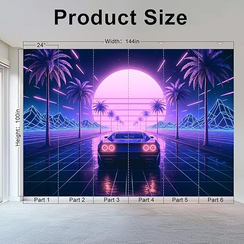Miniatura 2 de Wall Mural Peel & Stick 80s Retro 3D car neon Abstract Space Self-Adhesive Wallpaper Removable Wall Decal Wall Sticker Home Decor for Living Room