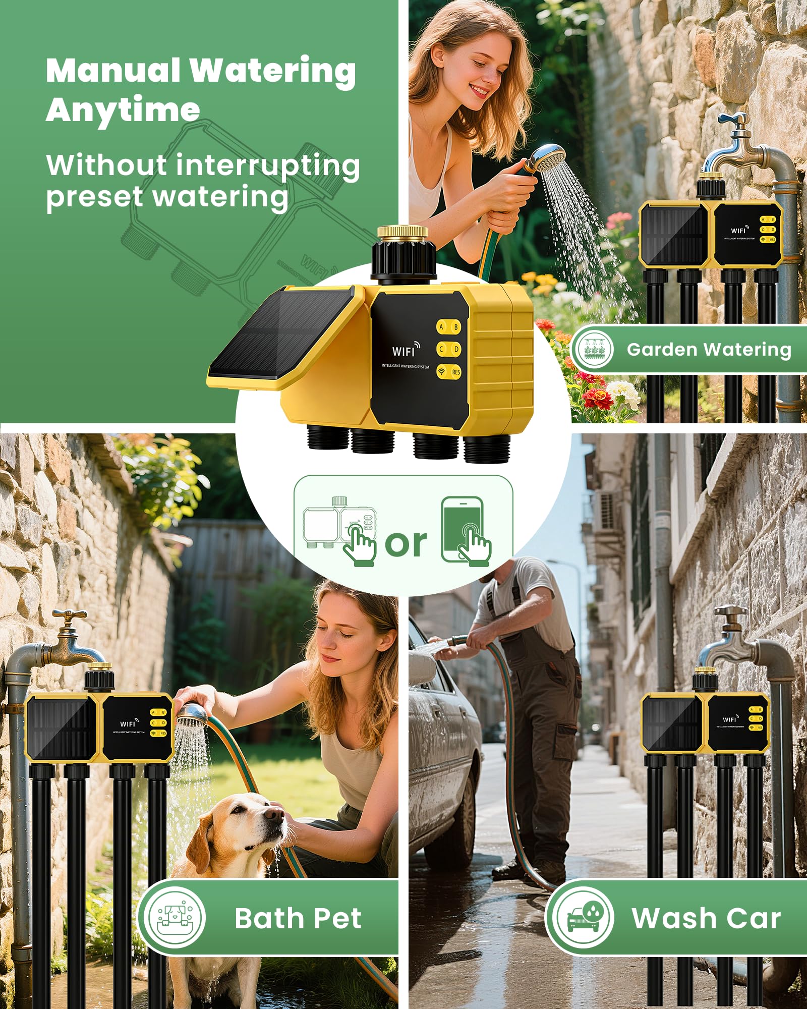 Timer per irrigazione WiFi a 4 zone, timer intelligente per acqua per tubo da giardino, 4 uscite con ritardo della pioggia/sistema di irrigazione automatico/manuale per prato, controllo vocale remoto