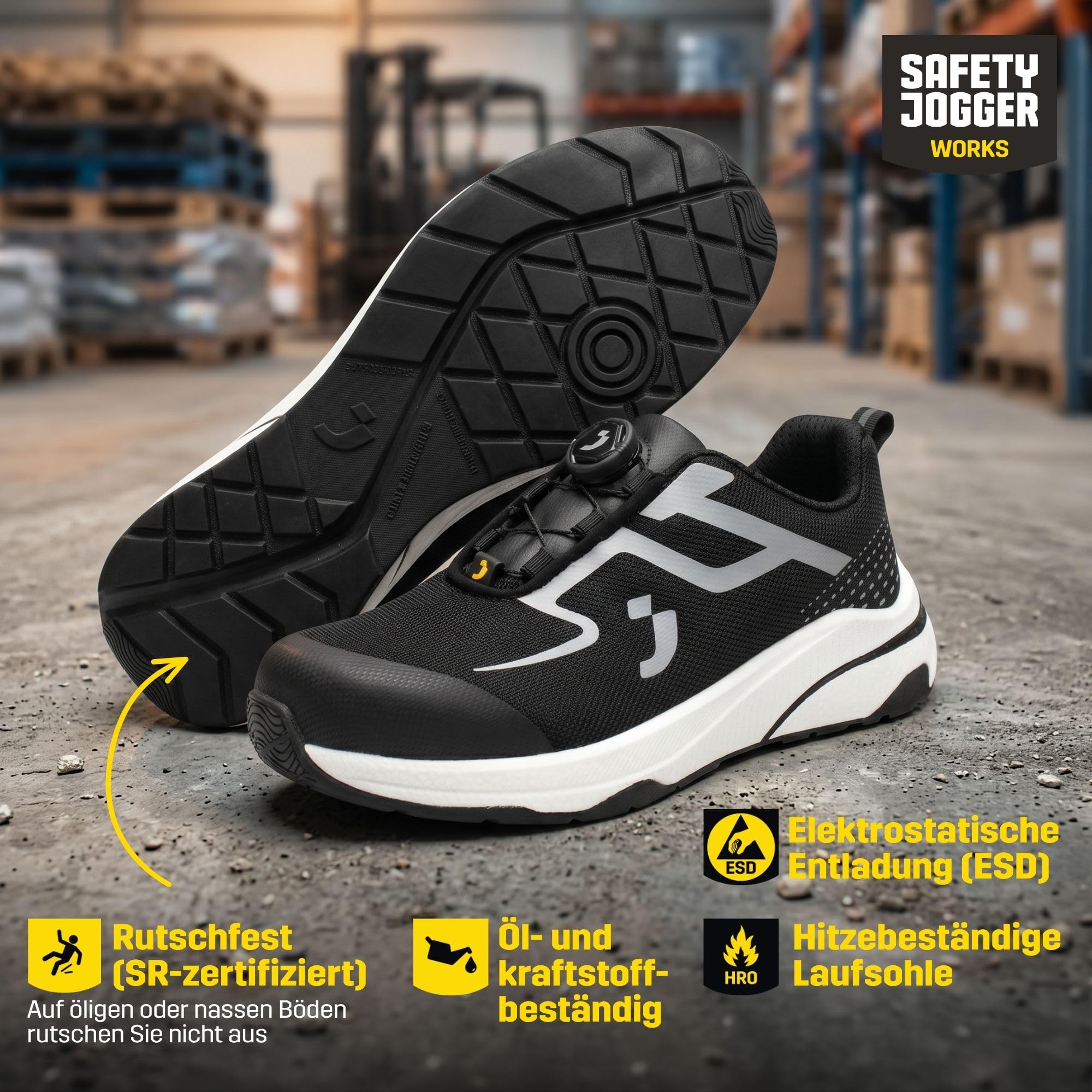 SAFETY JOGGER - Freedom S1PS TLS - Leichte Sicherheitsschuhe - Schwarz | Atmungsaktive und Bequeme Arbeitsschuhe Herren und Damen mit breiter Kunststoffkappe, Drehverschluss, ESD und Barfuß Design