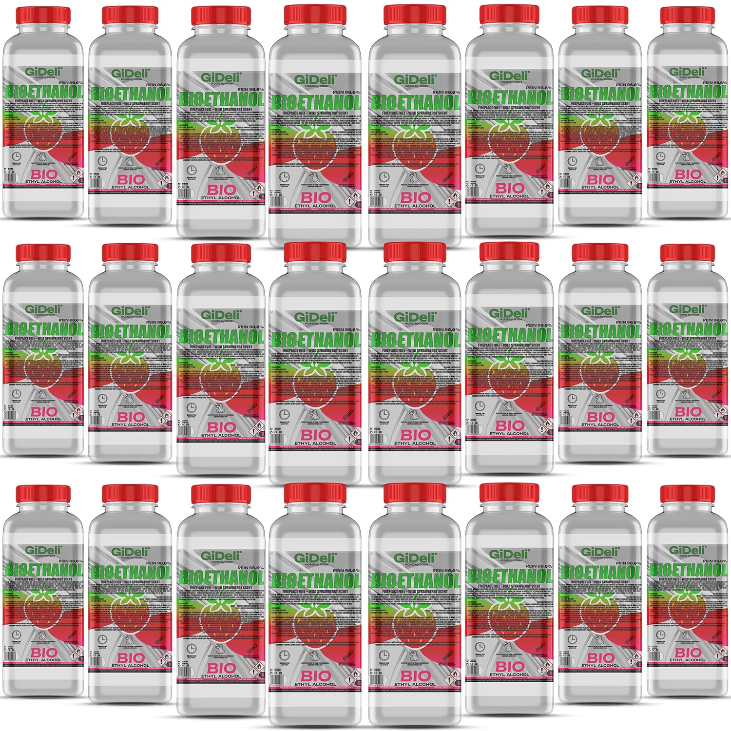 GiDeli bioetanolo 24 x 1 l profumo di fragola forestale 96,6% etanolo per camini interni ed esterni, senza fumo e fuliggine – da mais e barbabietola da zucchero