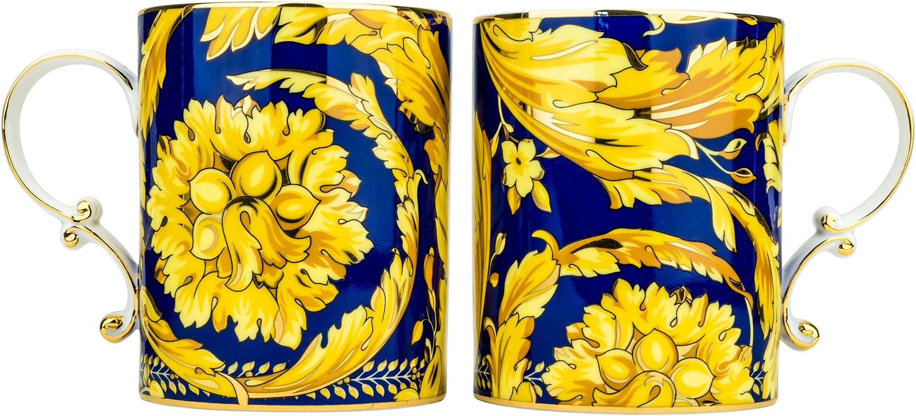 Majestic Porcelain"Gold Carnation" 12 Oz Coffee Mugs, Luxury Porcelain Tea Cups with Golden Sputtering, 2-Piece Set
