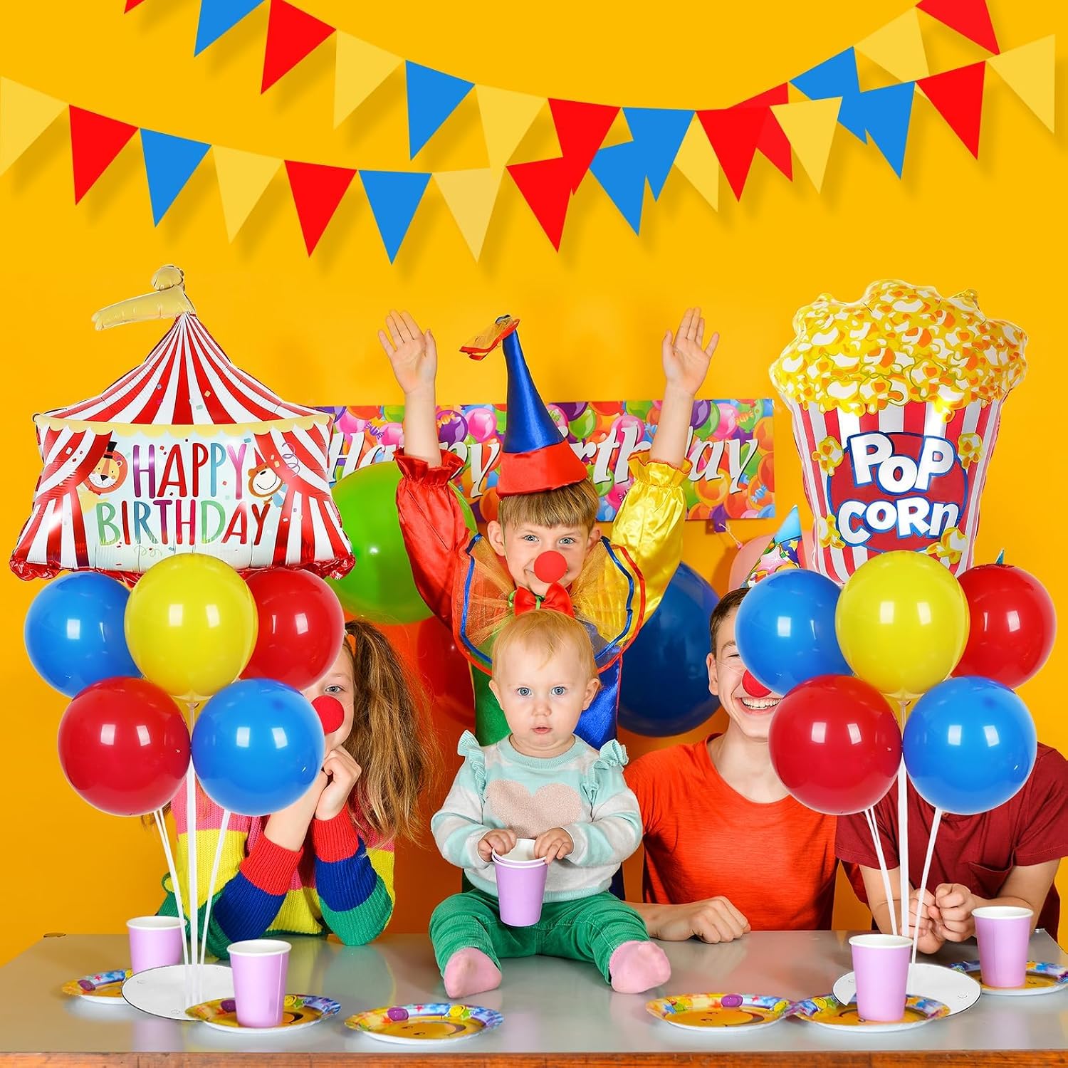Carnival Circus Birthday Party Balloons Stand Kit 2 Sets with 2 Circus Tent Popcorn Foil Balloons Plim Themed Red Blue Yellow Balloon Centerpiece for Tables for Carnival Birthday Party Decorations