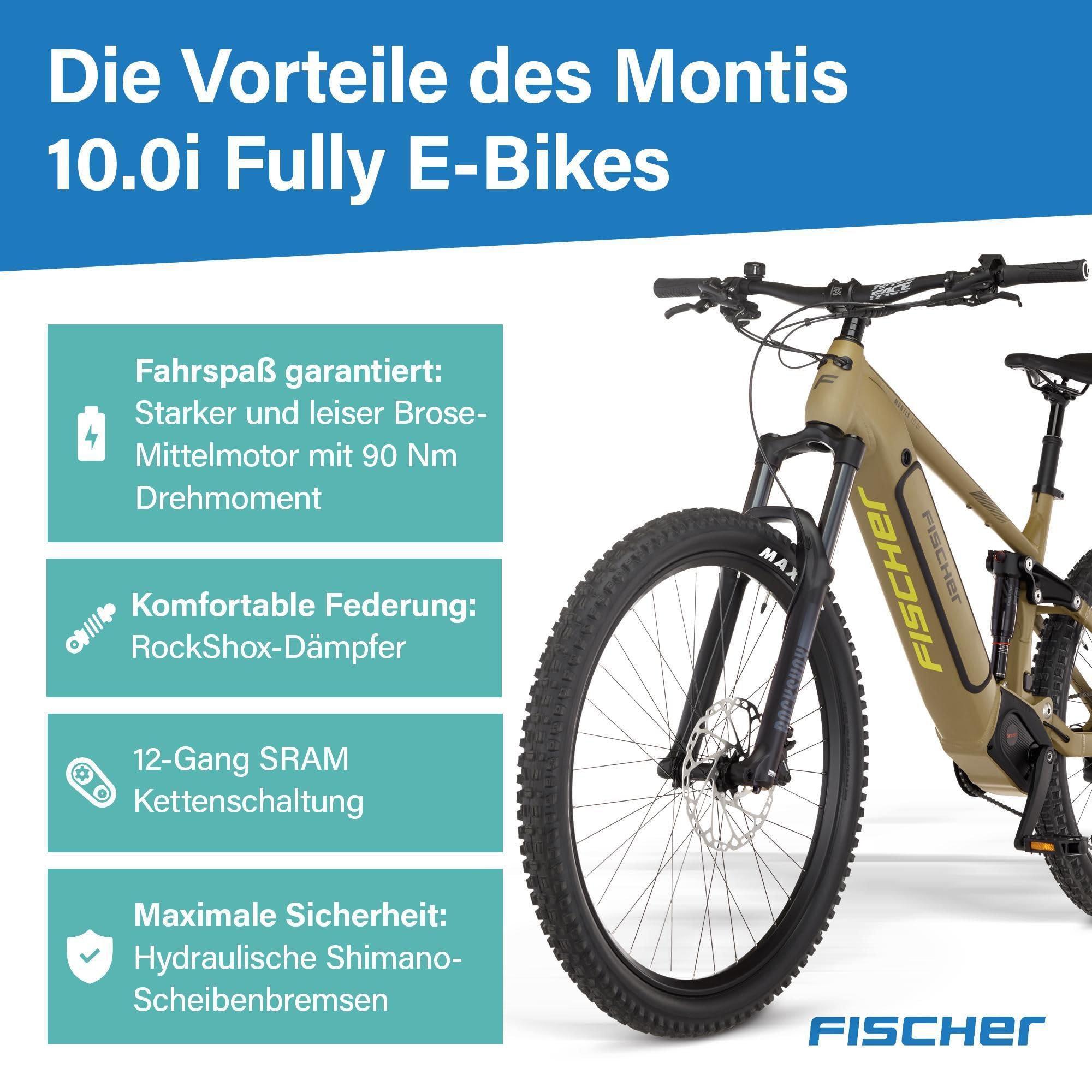 Fischer E-Bike MTB Montis 10.0i Ultimate Elektrofahrrad für Damen und Herren, RH 46, Mittelmotor 90 Nm, 36 V Akku