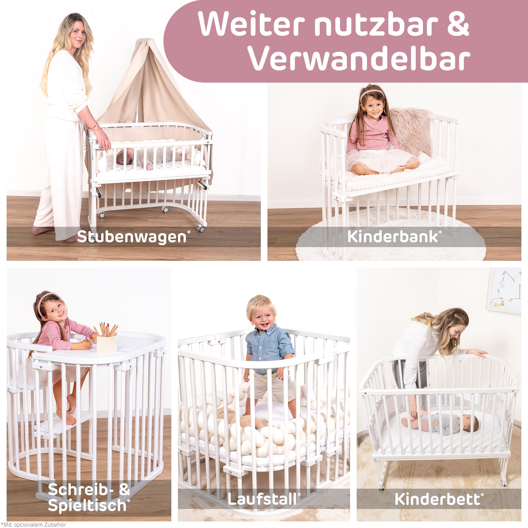 babybay Boxspring XXL - Cuna auxiliar de madera de haya maciza, compacta y transformable, altura regulable sin niveles, cuna de bebé (lacada en blanco)