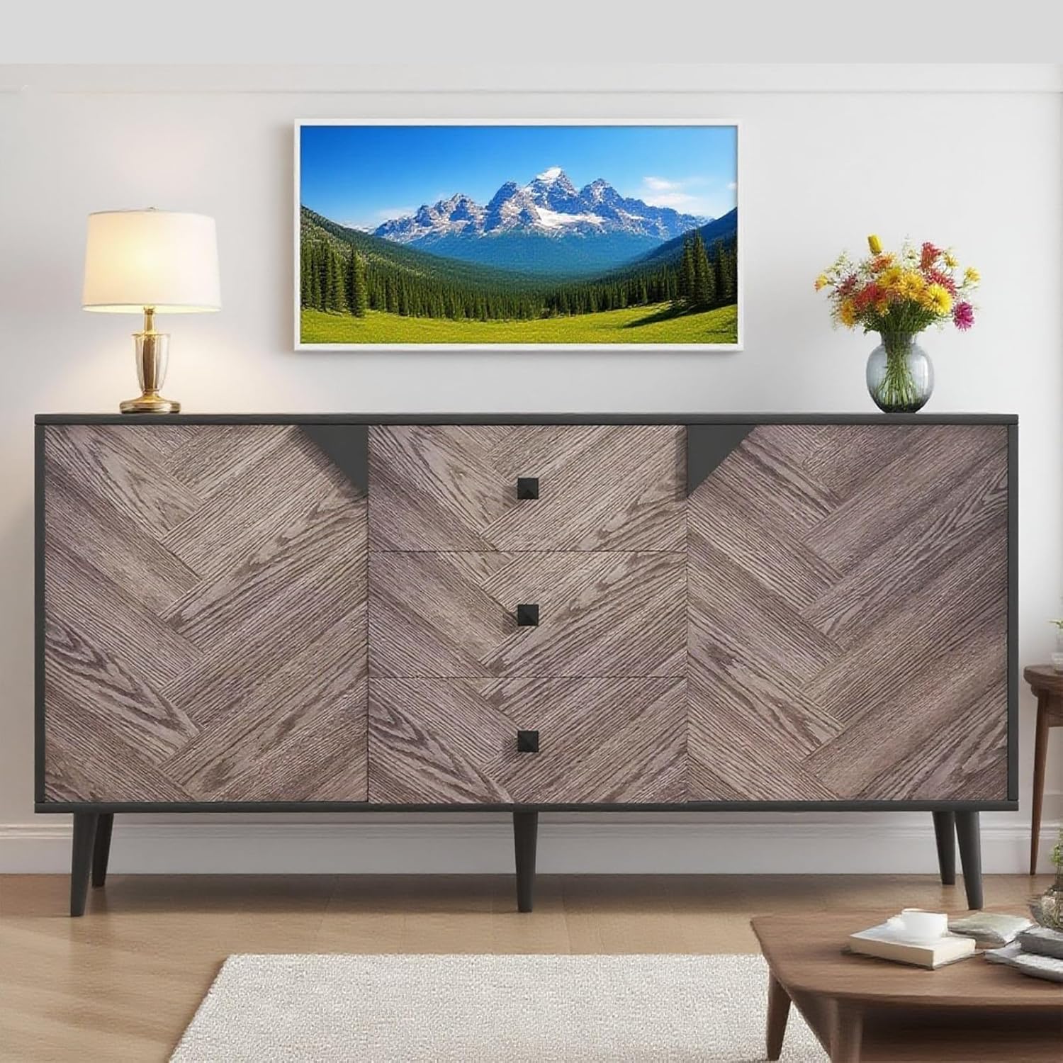 55.1" Sideboard Buffet Cabinet with Storage, Modern 3 Drawer Storage Cabinet with Adjustable Shelf & Doors, Freestanding Accent Cabinet for Dining Room & Entryway(Grey)