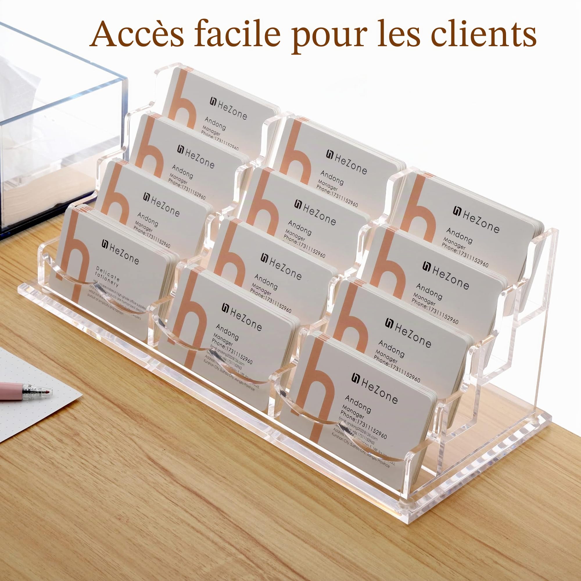 HeZone Porte-cartes de visite pour bureau, 12 emplacements sur 4 niveaux, en acrylique transparent, peut contenir environ 600 cartes