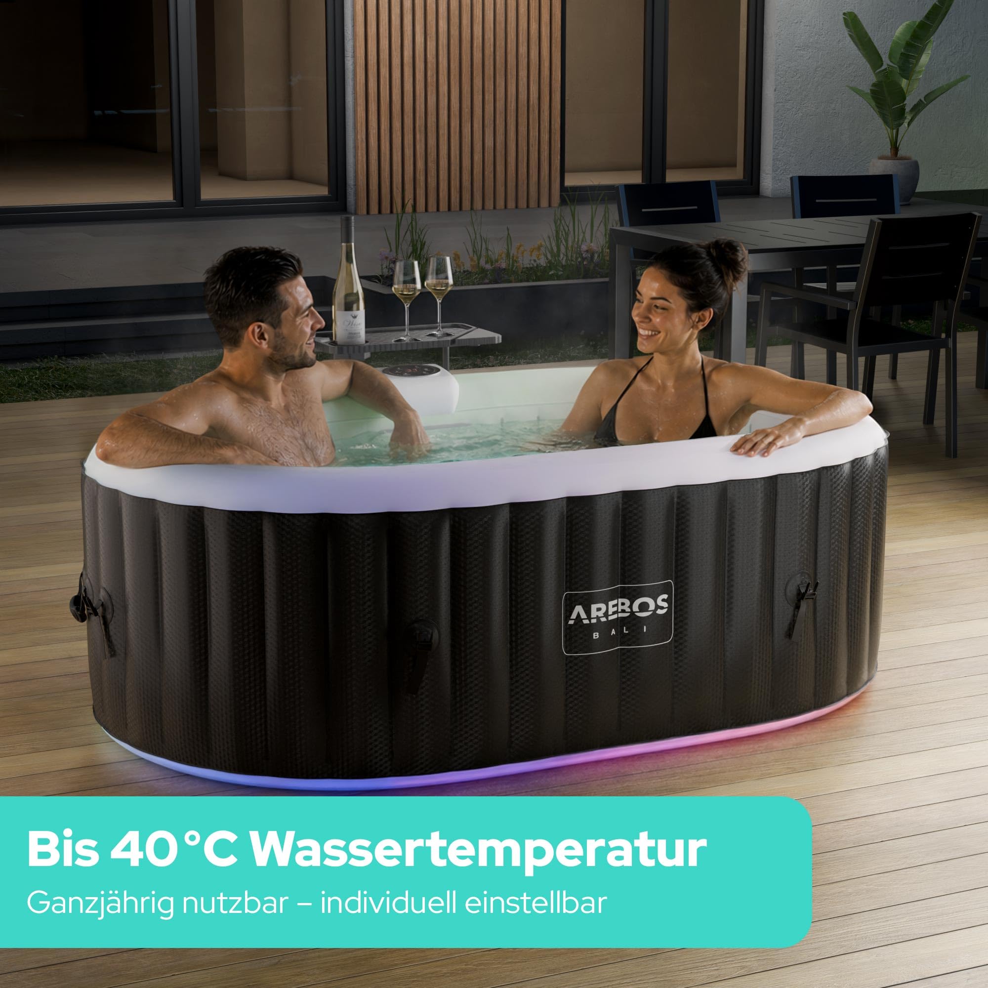 Arebos Whirlpool mit LED Beleuchtung | Aufblasbar | In- & Outdoor | 190x120 cm oval | 2 Personen | 90 Massagedüsen | mit Heizung | 550 Liter | Inkl. Abdeckung | Bubble Spa & Wellness Massage
