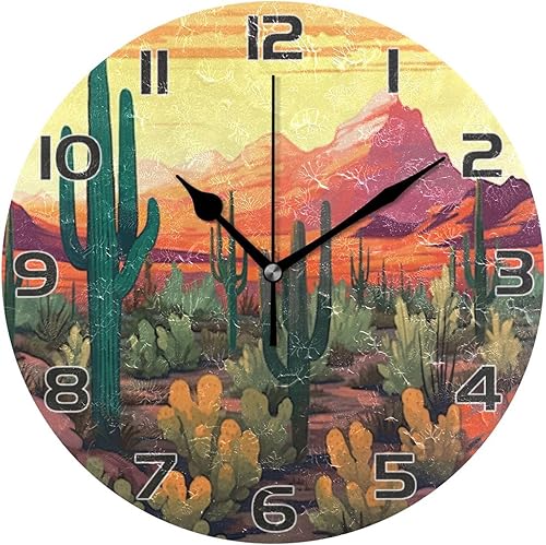 Kigai Reloj de pared de cactus del desierto, silencioso sin tictac, funciona con pilas, reloj redondo para cocina, oficina, escuela, hogar decorativo