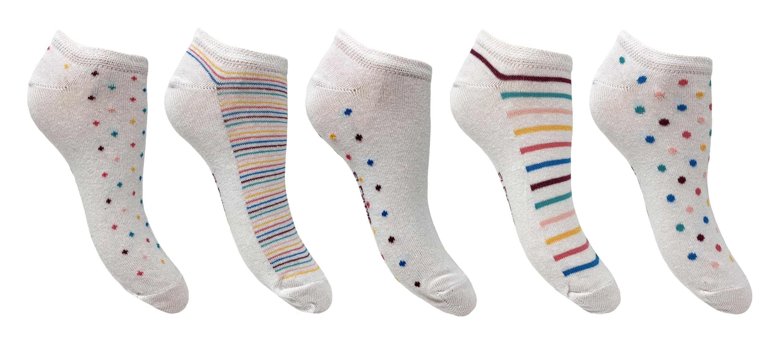 Flexitop Women's Multi Spot/Stripe Trainer Liners | 5 Pairs | U.k. Size 4-7| Trainer Liner Socks, Soft Hold, Comfort Socks, Gentle Grip Socks, Sport Socks ()