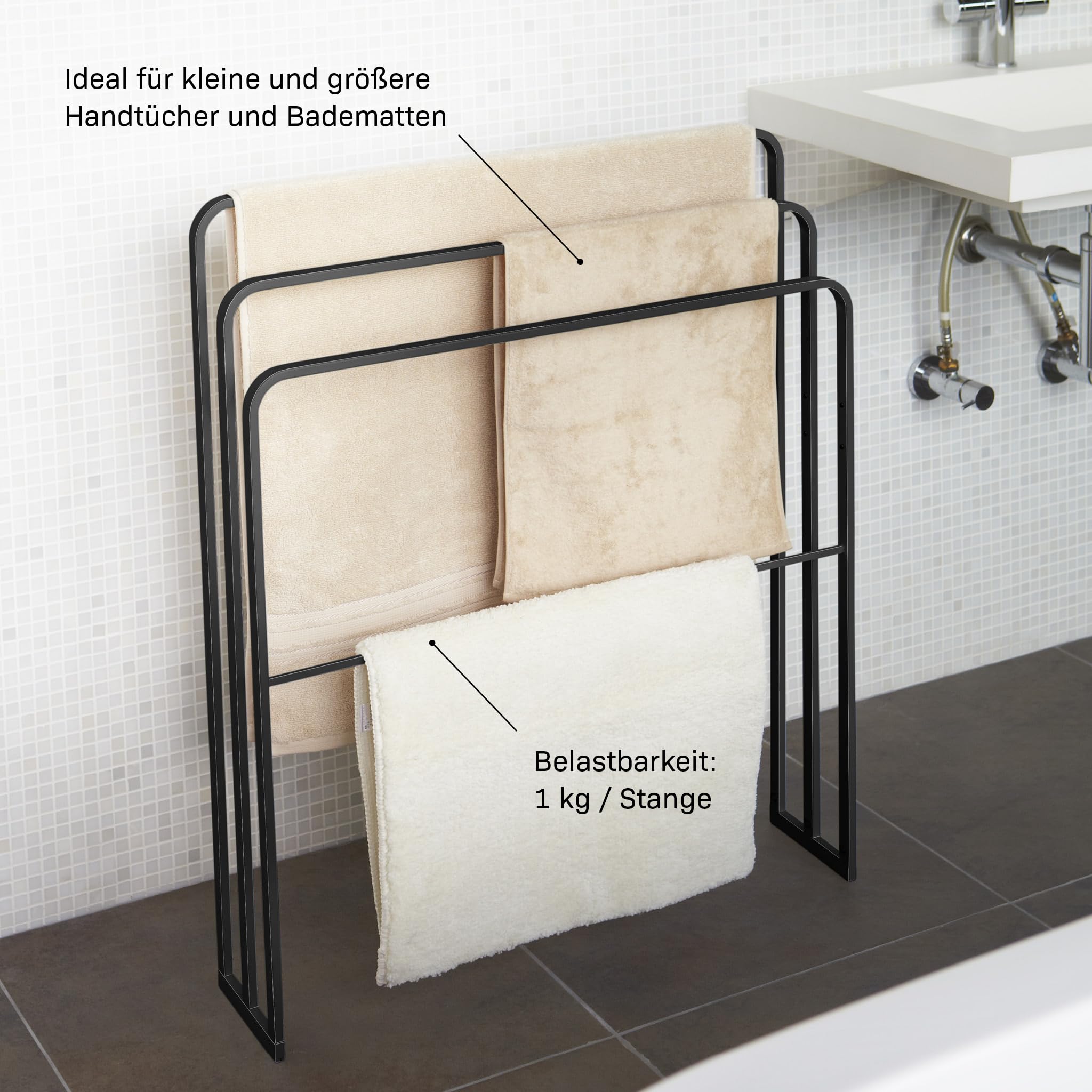 Yamazaki Tower Handtuchständer mit 3 Stangen aus Stahl - für Badematte/Handtücher, schmal, modern - 14 x 70 x 81 cm, Japanisches Design, schwarz