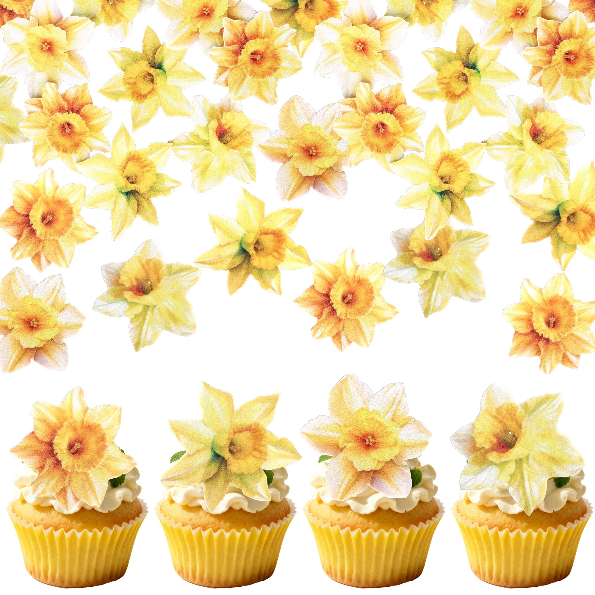 Xsstarmi 60 Pack Yellow Daffodils Edible Cupcake Toppers Rice Paper Narcissus Flower Cupcake Picks for Spring Summer Wedding Birthday Party Cake Decorations Supplies