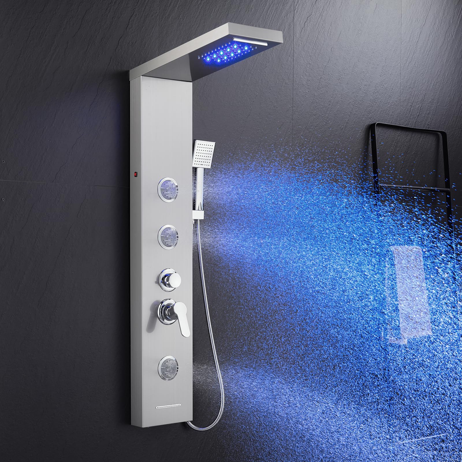 ROVATE LED Shower Panel Tower System with Rainfall Waterfall Shower, Shower Panel with Jets and Rainfall and Handheld, 5 in 1 Brushed Stainless Steel