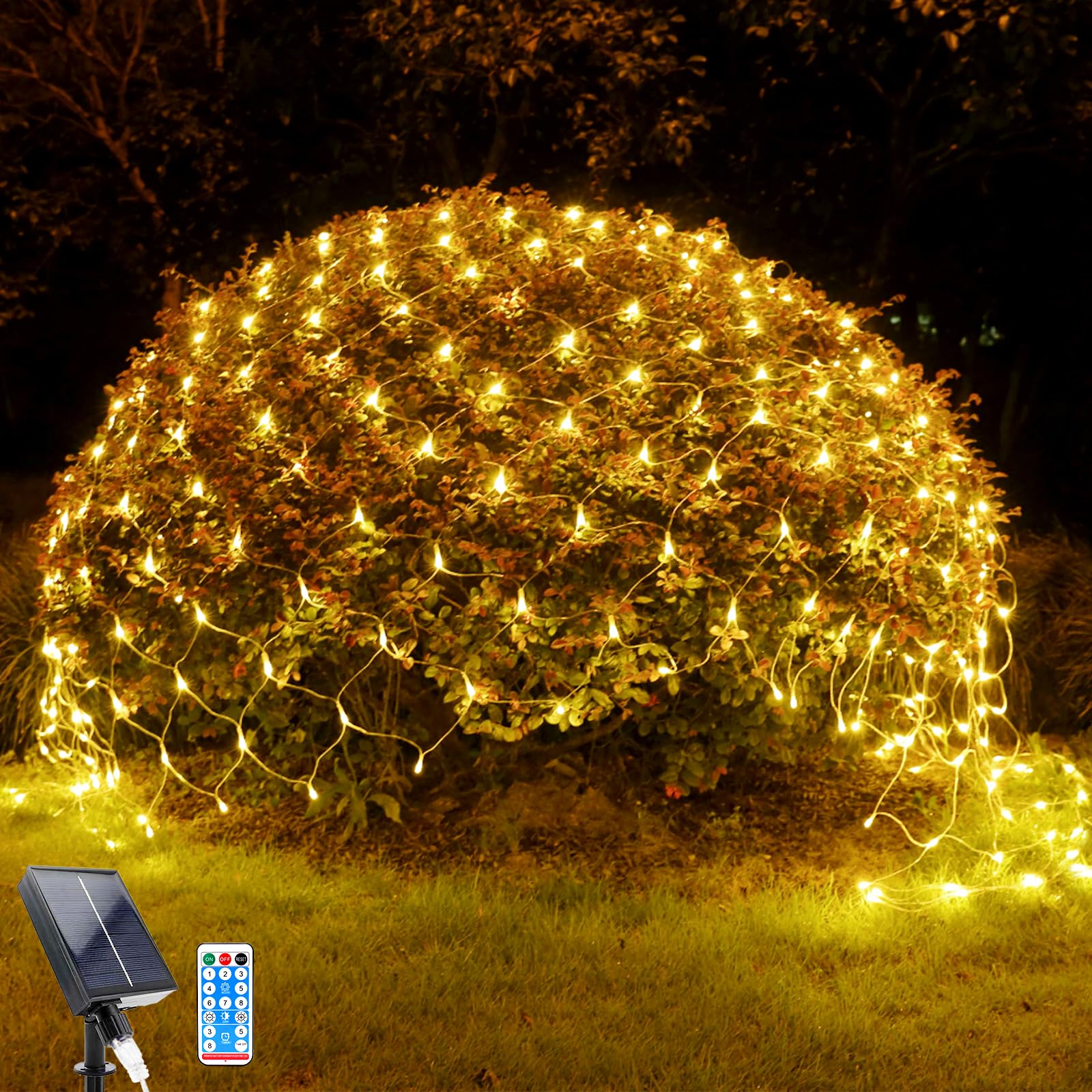 WoskjXas Solar LED Net Lights, 198 LED Mesh Fairy Lights, 8 Modes, 6.6 Ft x 9.8 Ft Garden Net Curtain Light, Remote Control, Waterproof - Ideal for Balcony Fence Christmas Decor (2M*3M, Warm White)