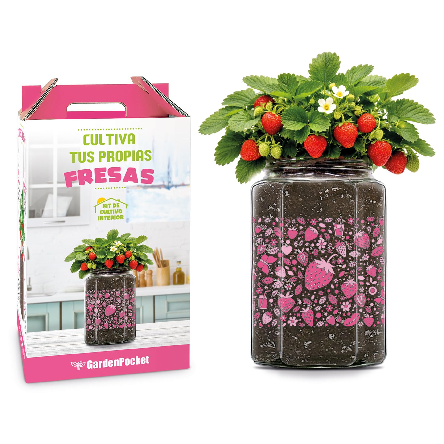 Kit Cultivo Fresas Interior – Maceta con Semillas, Sustrato, Fertilizante y Pulverizador – Regalo Original para Casa y Cocina – Garden Pocket