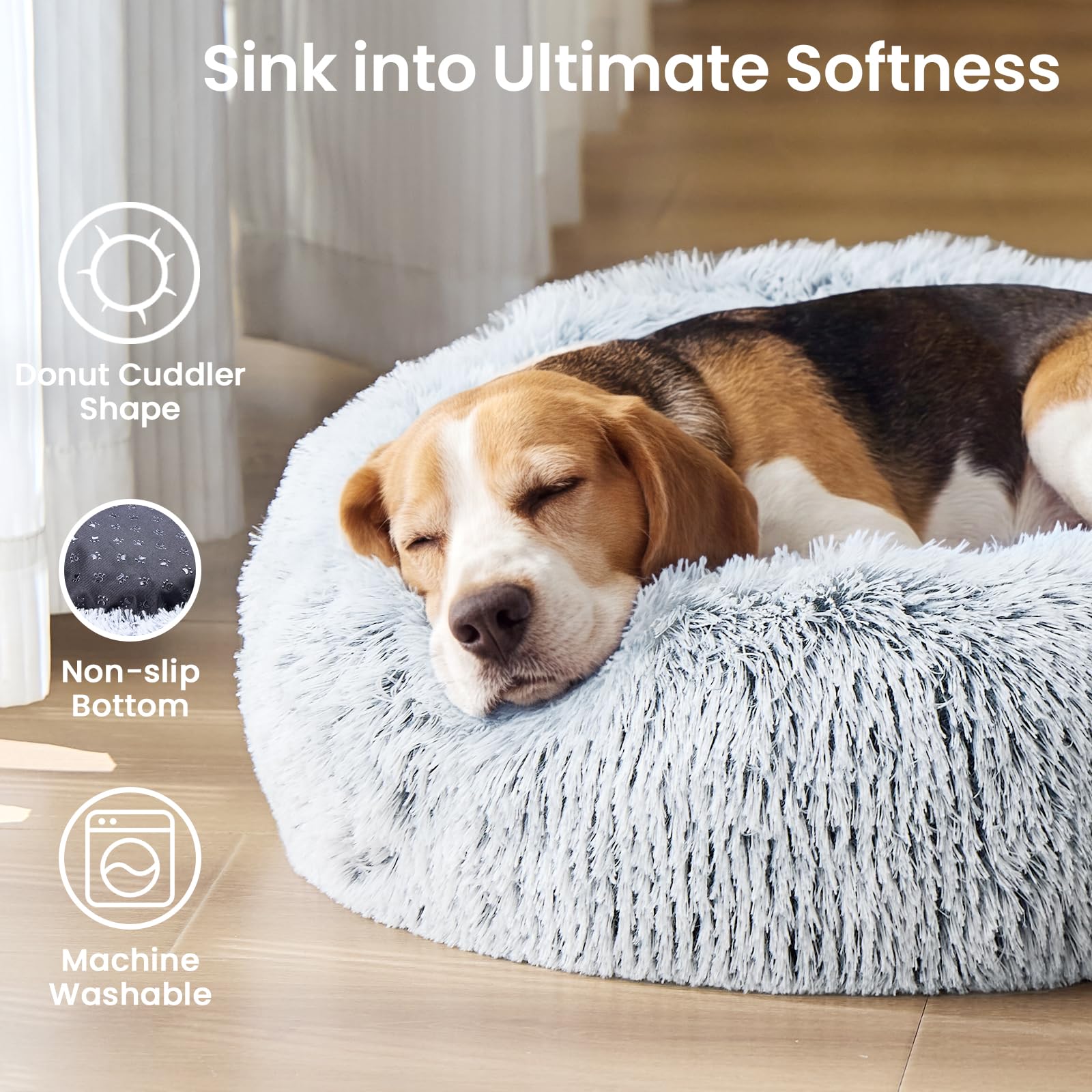 JOLLYVOGUE Camas calmantes para perros de tamaño extragrande, cama grande lavable con donas de 45 pulgadas, antideslizante y antiansiedad, cama redonda de piel sintética esponjosa, se adapta a