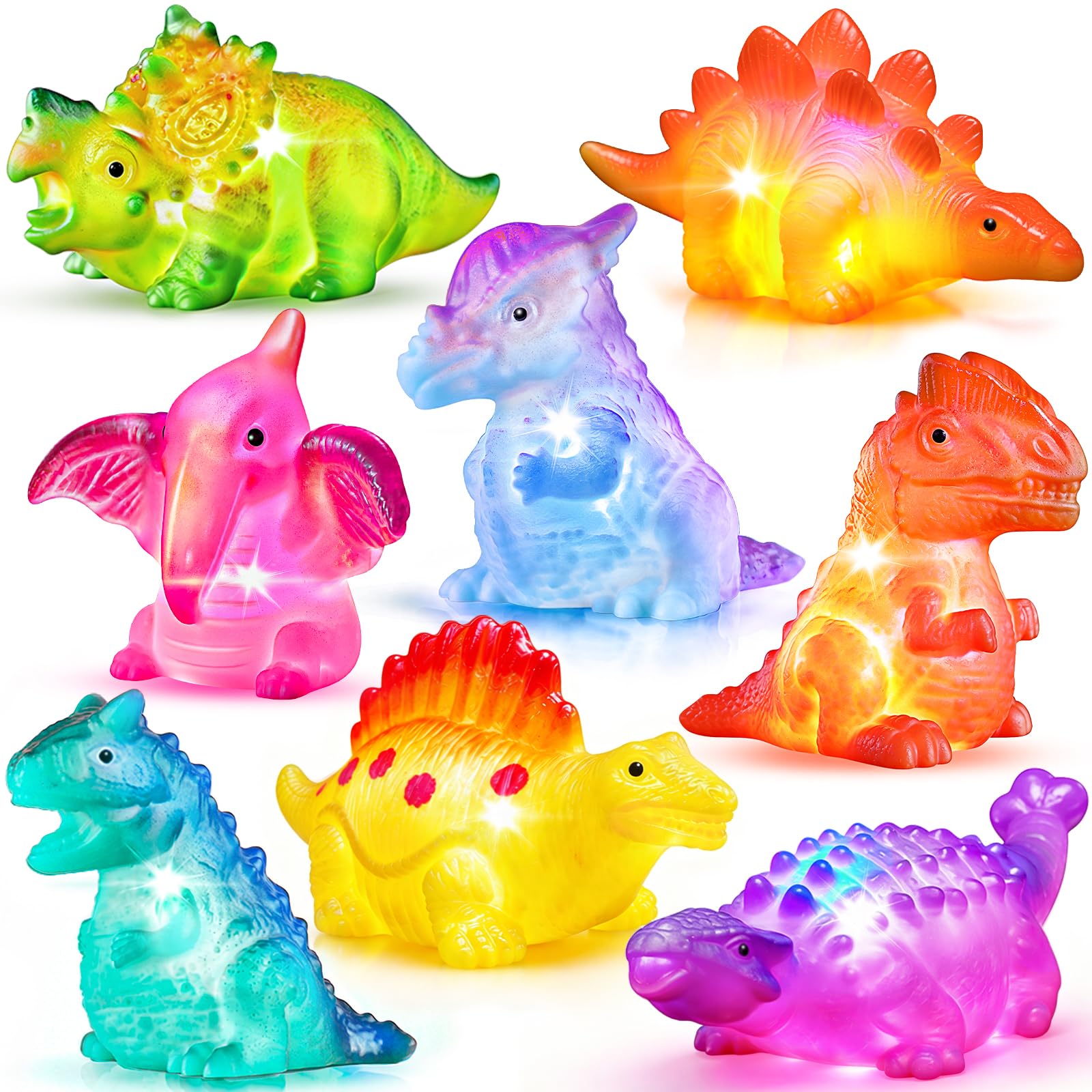 Bakatatoyz 8 Pack Light up No Hole Dinosaur Bath Toy Set