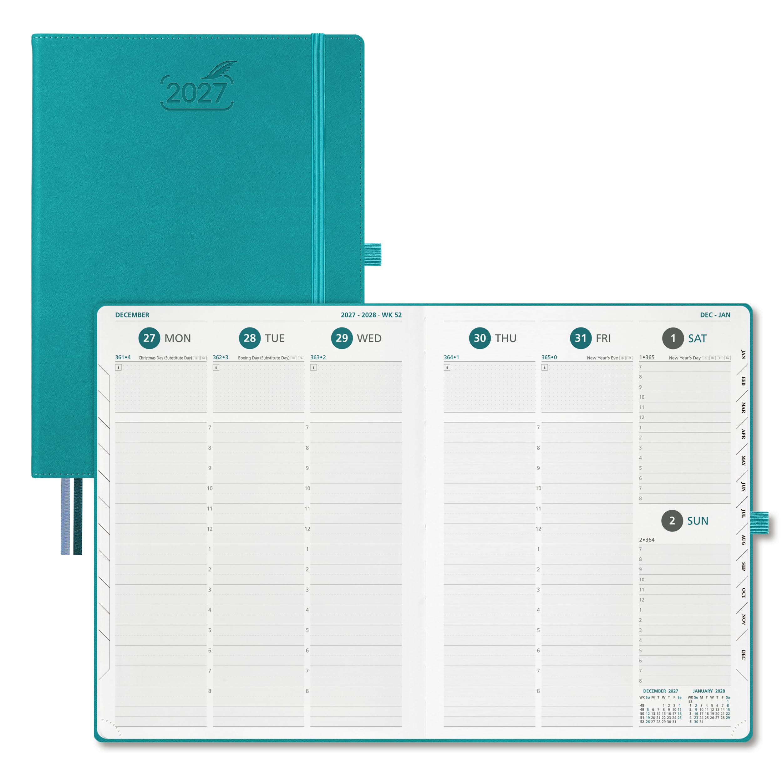 BEZEND Agenda settimanale 2027 (21,6 x 27,9 cm) con fasce orarie e sezione note, calendario mensile con linguette (gennaio-dicembre), grande agenda in pelle vegana con copertina rigida per lavoro/casa