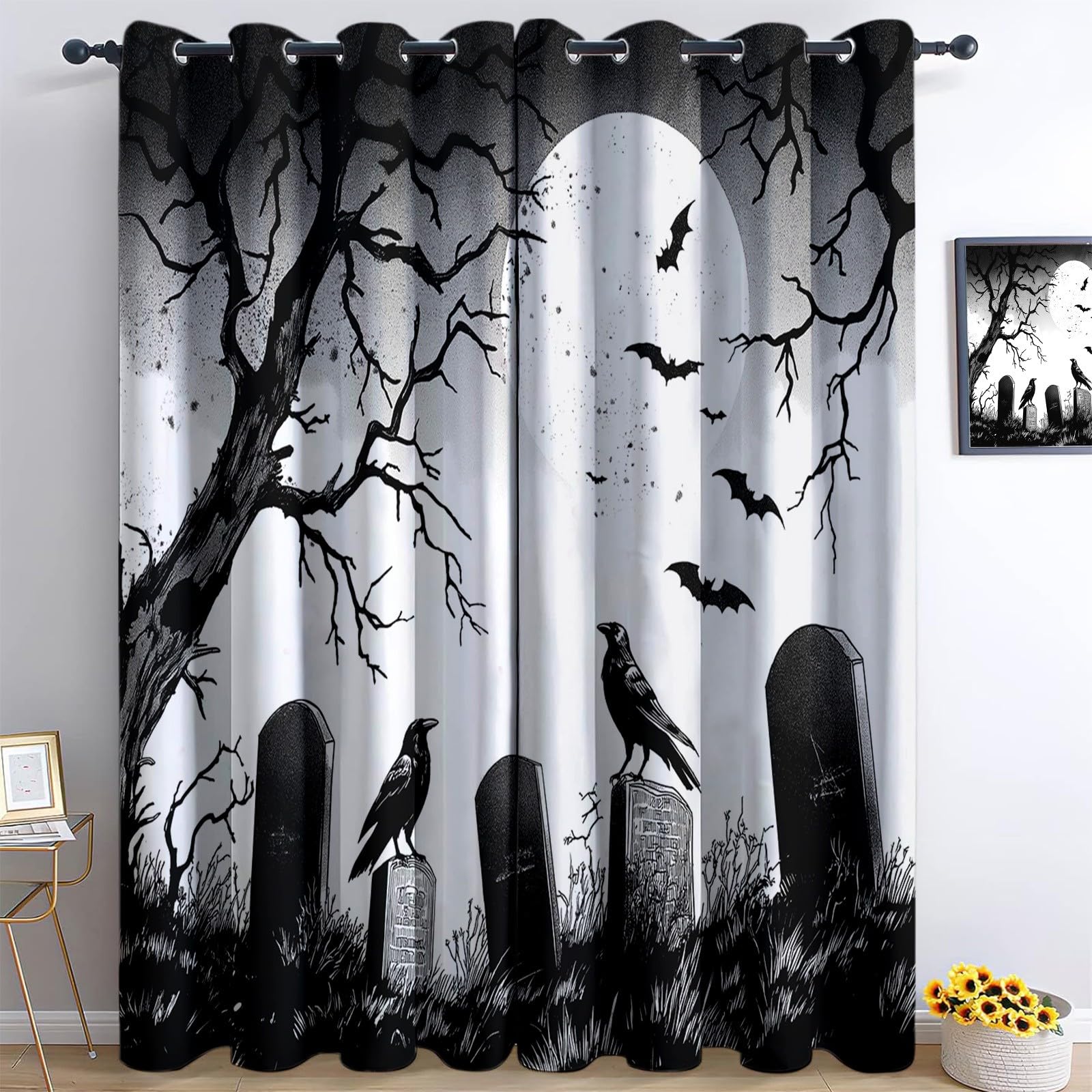 Black Blackout Curtains, Eyelet Window Curtains 3D Printing Horror Theme Full Moon Tombstone Crow 29.5” W x 65” L 2 Panels Insulated Pencil Pleat Thermal Curtain for Living Room Bedroom Nursery Room