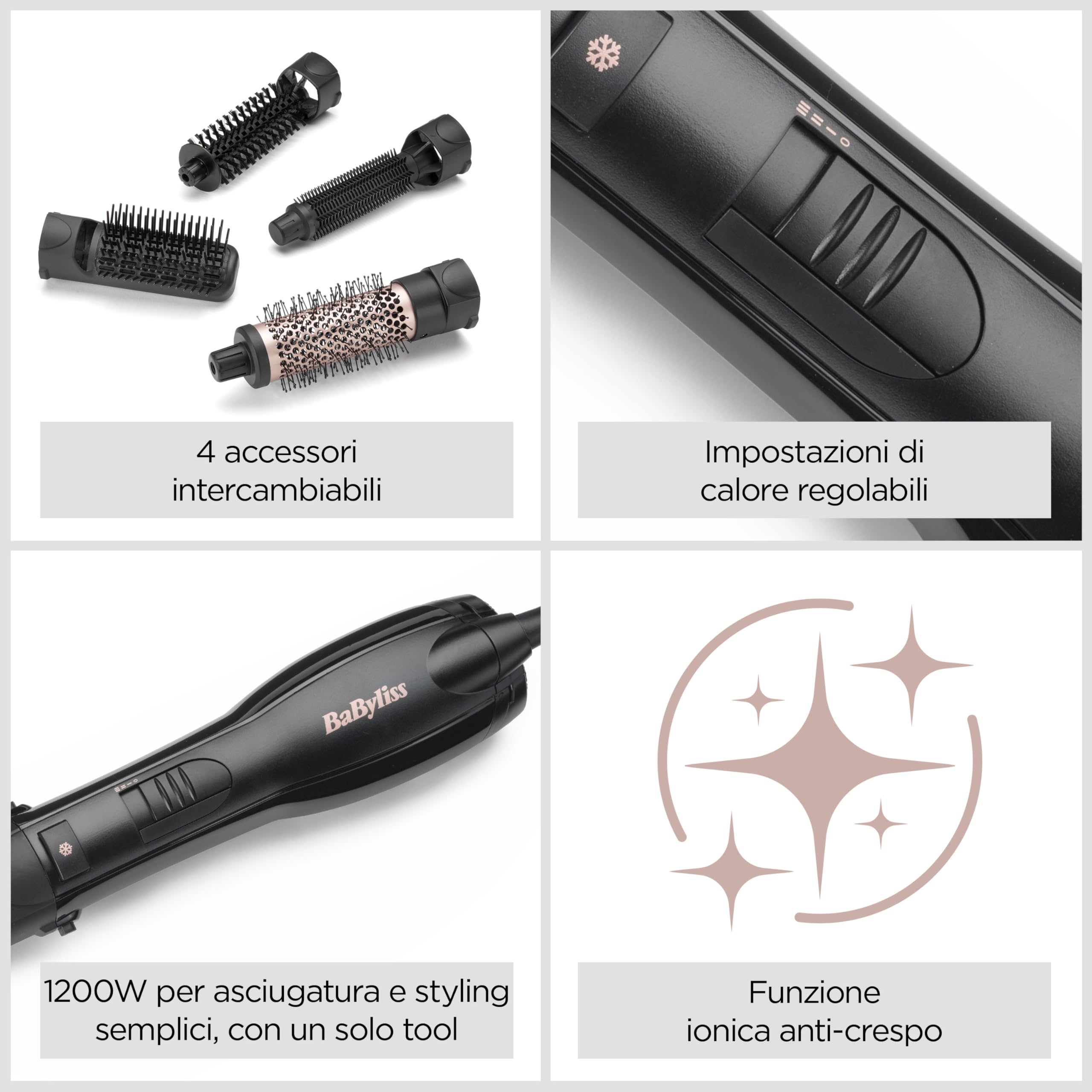 BaByliss Smooth Finish 1200 – Spazzola ad Aria Calda 4‑in‑1 per Asciugare, Lisciare, Modellare e Dare Volume, Tecnologia Ionica & Ceramica, 4 Accessori, 1200W, Nero/Rosa, AS122E