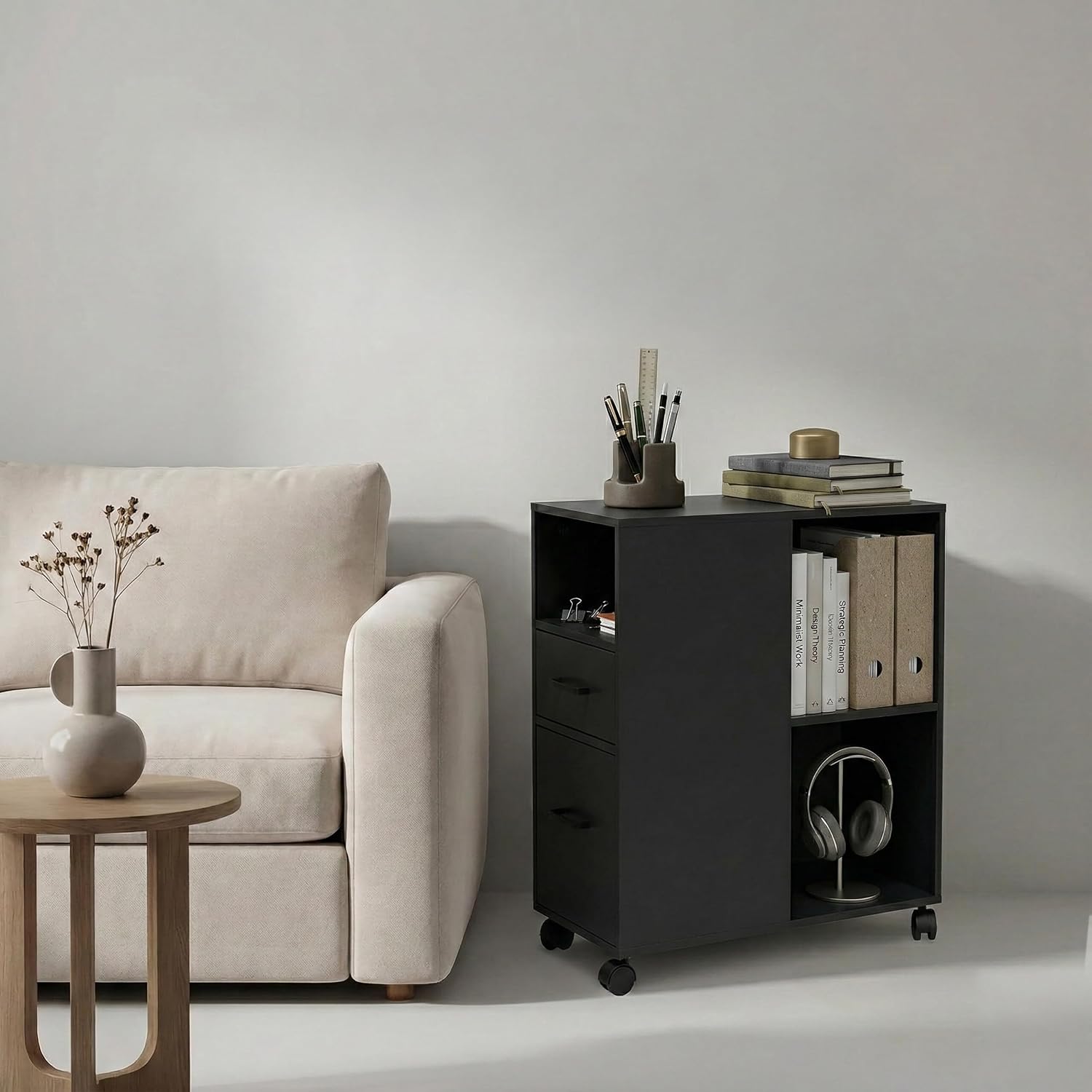 Relaxdays Mobile Pedestal with 2 Drawers and 3 Compartments, MDF, 65x30x60 cm, Black