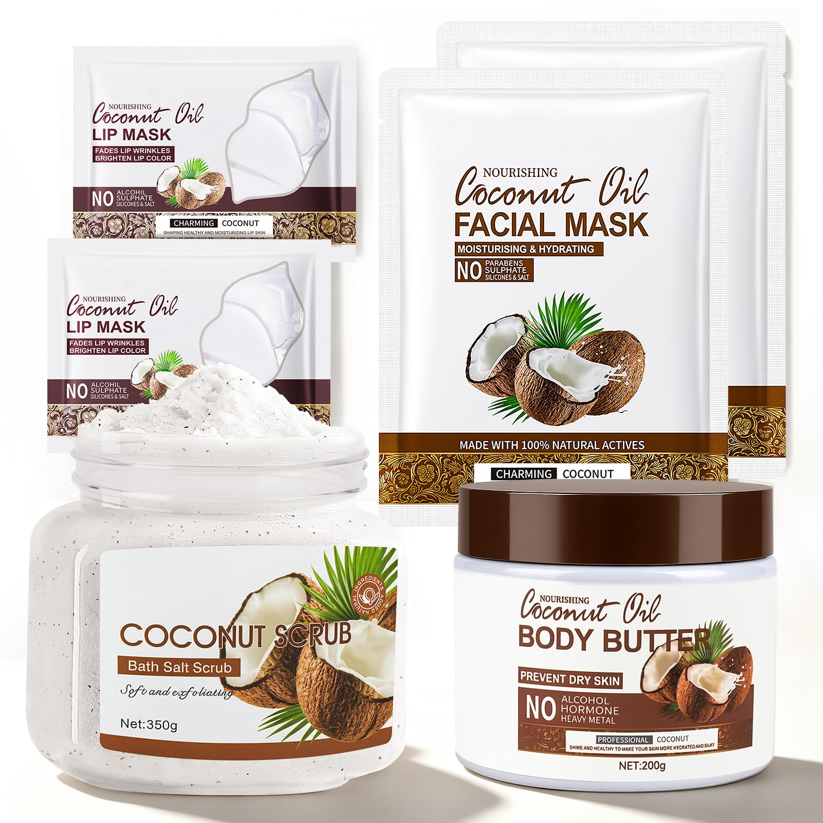 Gommage Corps Exfoliant Coffret SPA: 350g Body Scrub,200g Beurre Corporel, 2PC Masque Facial, 2PC Patch Yeux, Nettoyage en Profondeur Hydratation et Nutrition,Grand Format Familial