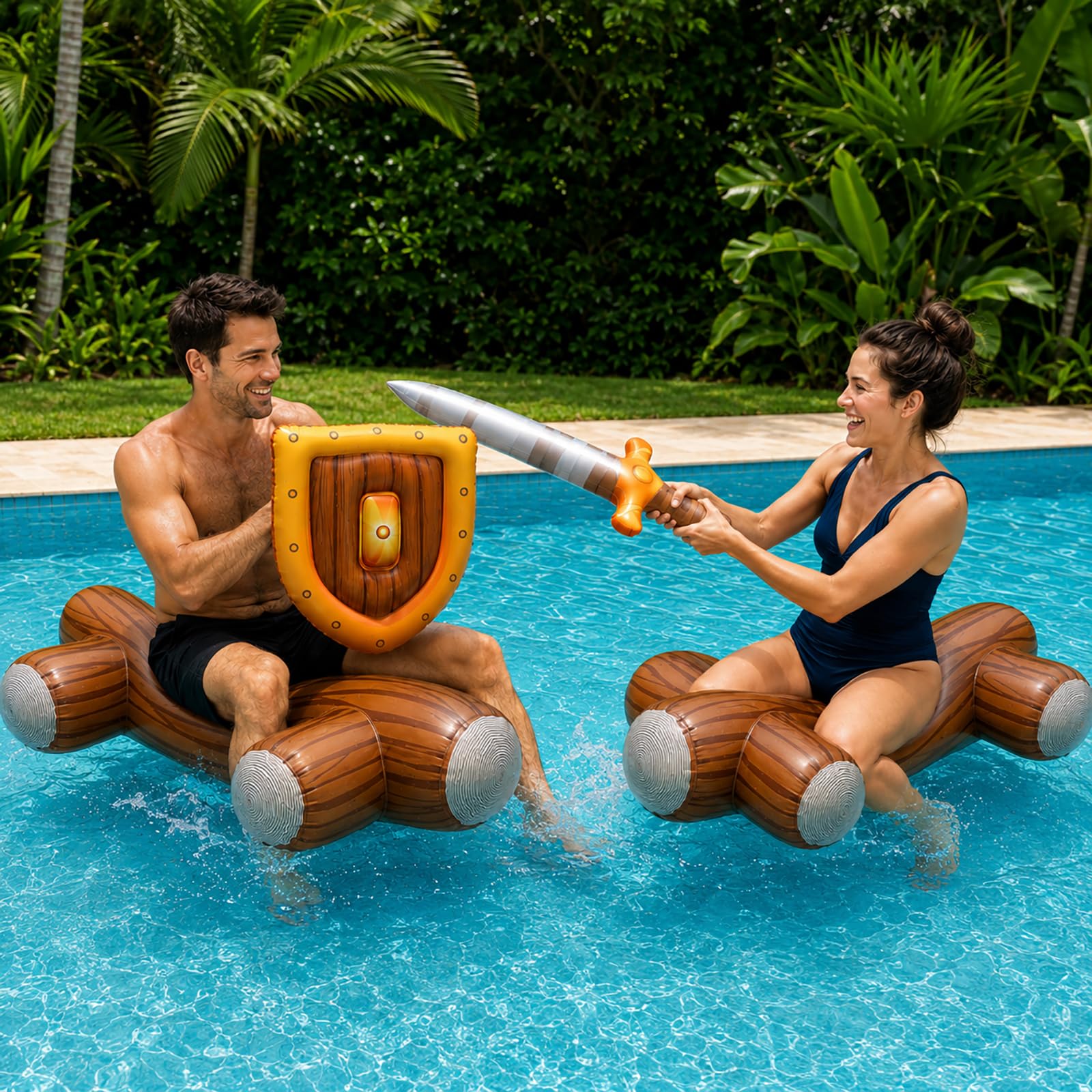 LONEEDY Juego de 4 flotadores inflables para alberca, guerrero vikingo con espada y escudo, juguetes de balsa de batalla de verano, perfectos para fiestas en la piscina, juegos de lago y playa