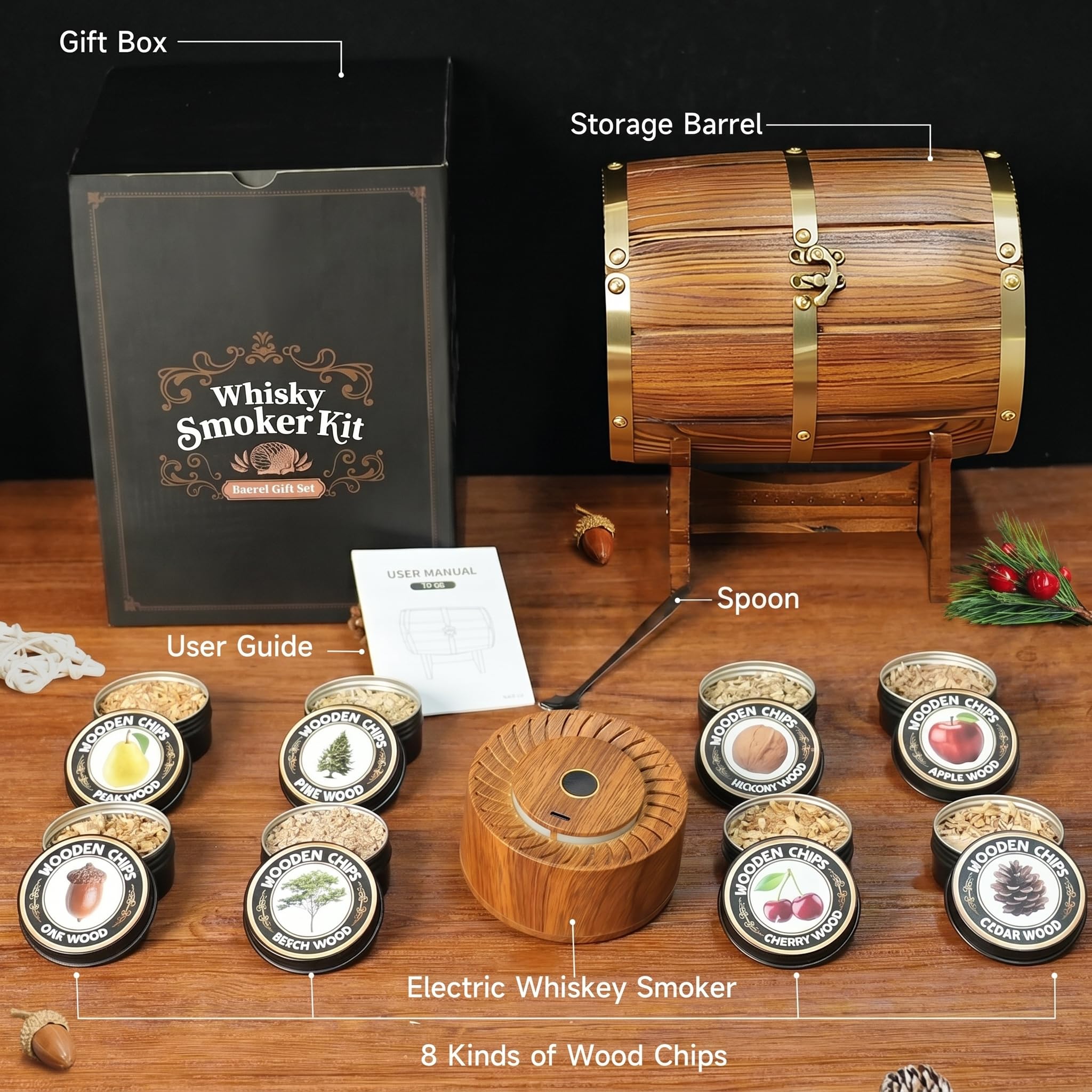 Kit per affumicare whisky con custodia in legno, affumicatore elettrico per cocktail e trucioli di legno da 8 gusti, kit per affumicatore vecchio stile Bourbon regali per uomini