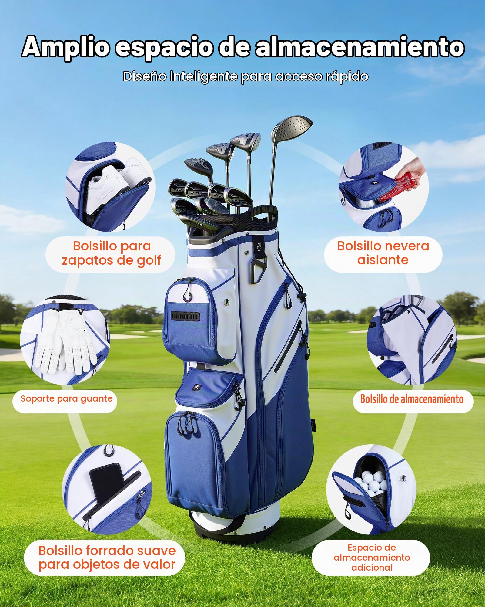 VEVOR Bolsa de Carro para Palos de Golf 15 Compartimentos, 10 Bolsillos, Bolsa para Carrito de Golf de Poliéster, con Correa para Hombro, Cubierta para Lluvia, Cremalleras Suaves, para Adultos