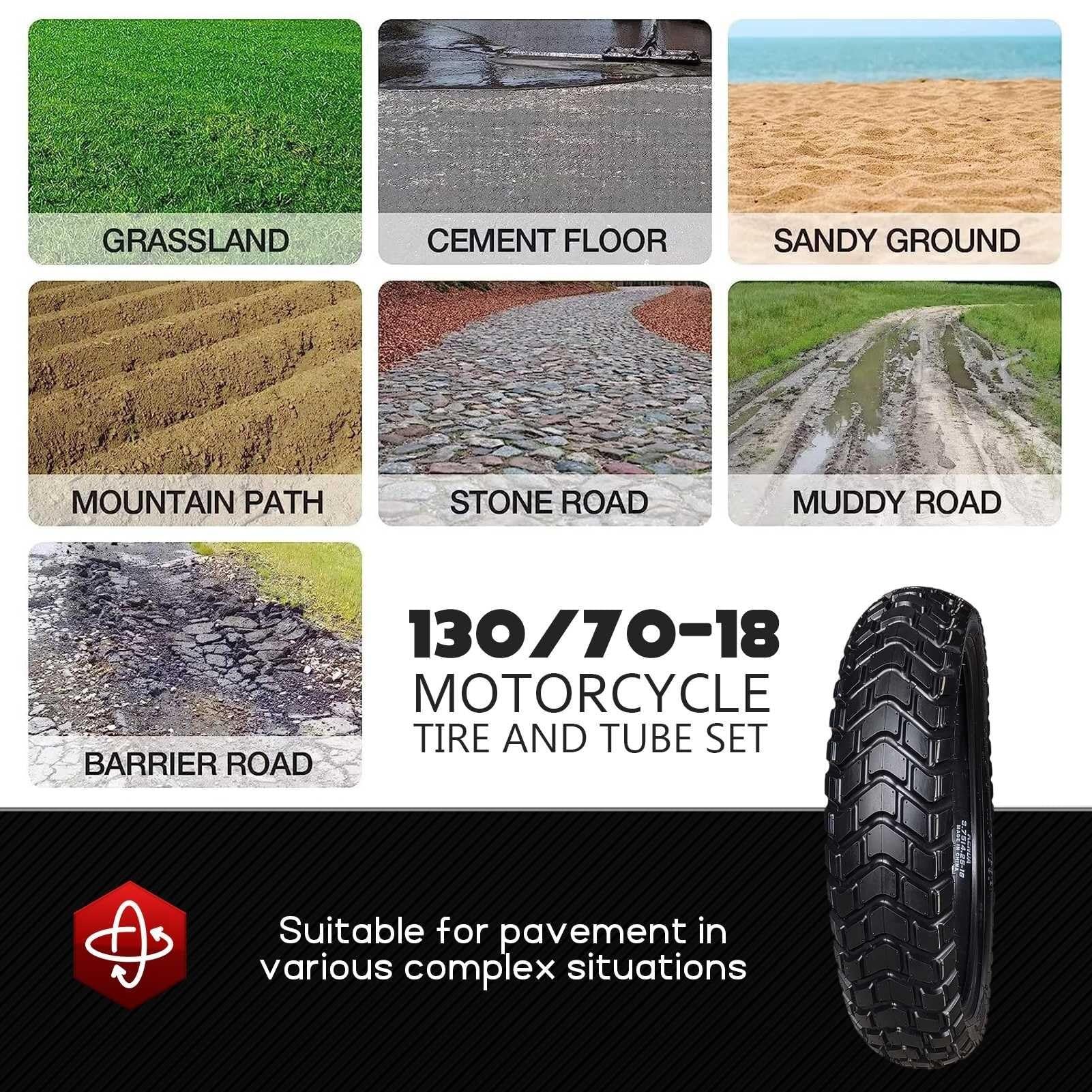 130/70-18 Opona i Dętka, 130 70 18 Opona Terenowa z Niskim Rzeźbieniem, Wytrzymała Opona Motocyklowa 130/70/10 do Jazdy Asfaltowej i Lekkiej Jazdy Terenowej, Czarna