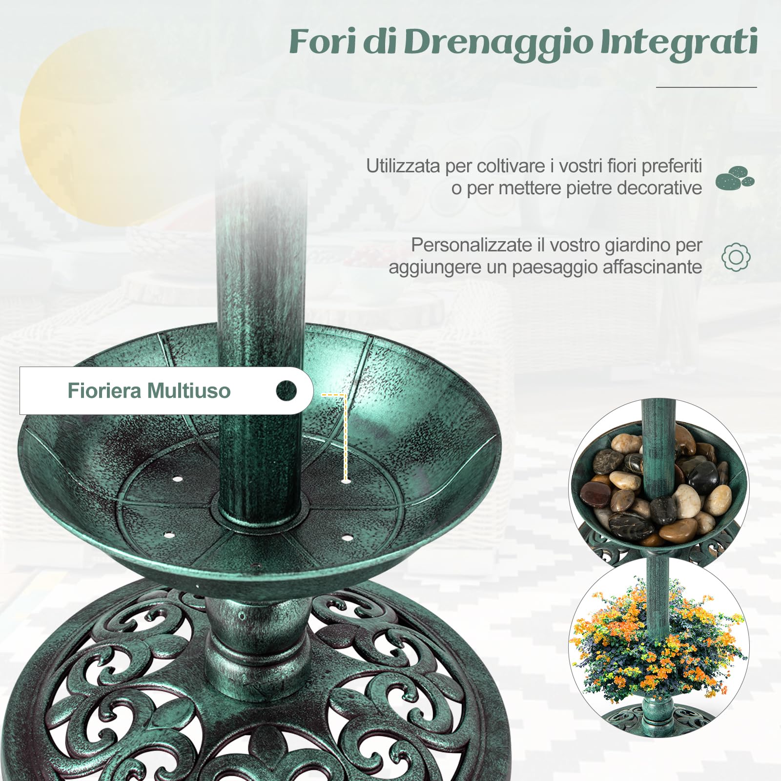 COSTWAY Vasca per Uccelli da Giardino a Energia Solare, Abbeveratoio e Mangiatoia per Uccelli da Esterno con 2 Lampade a Energia Solare, Fioriera e Supporto Riempibile (Verde)