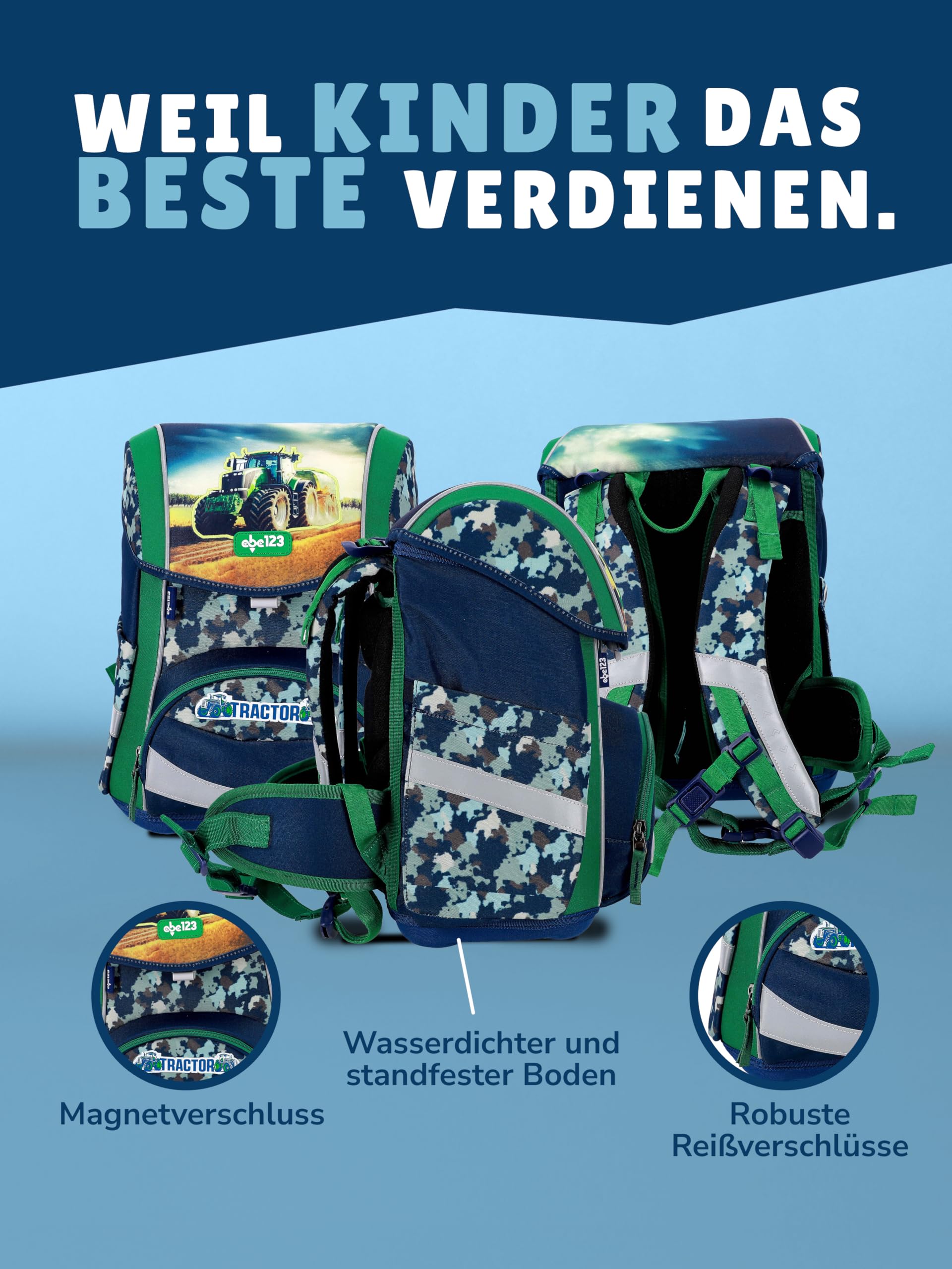 Familando - Ergo Premium Schulranzen Set - 5-teilig mit Federmappe - Traktor Blau Grün - Ergonomisch, stabil & mit verstellbarem Rückenpolster - 1000g - 20L Volumen - Mit Reflektoren - ab 1. Klasse