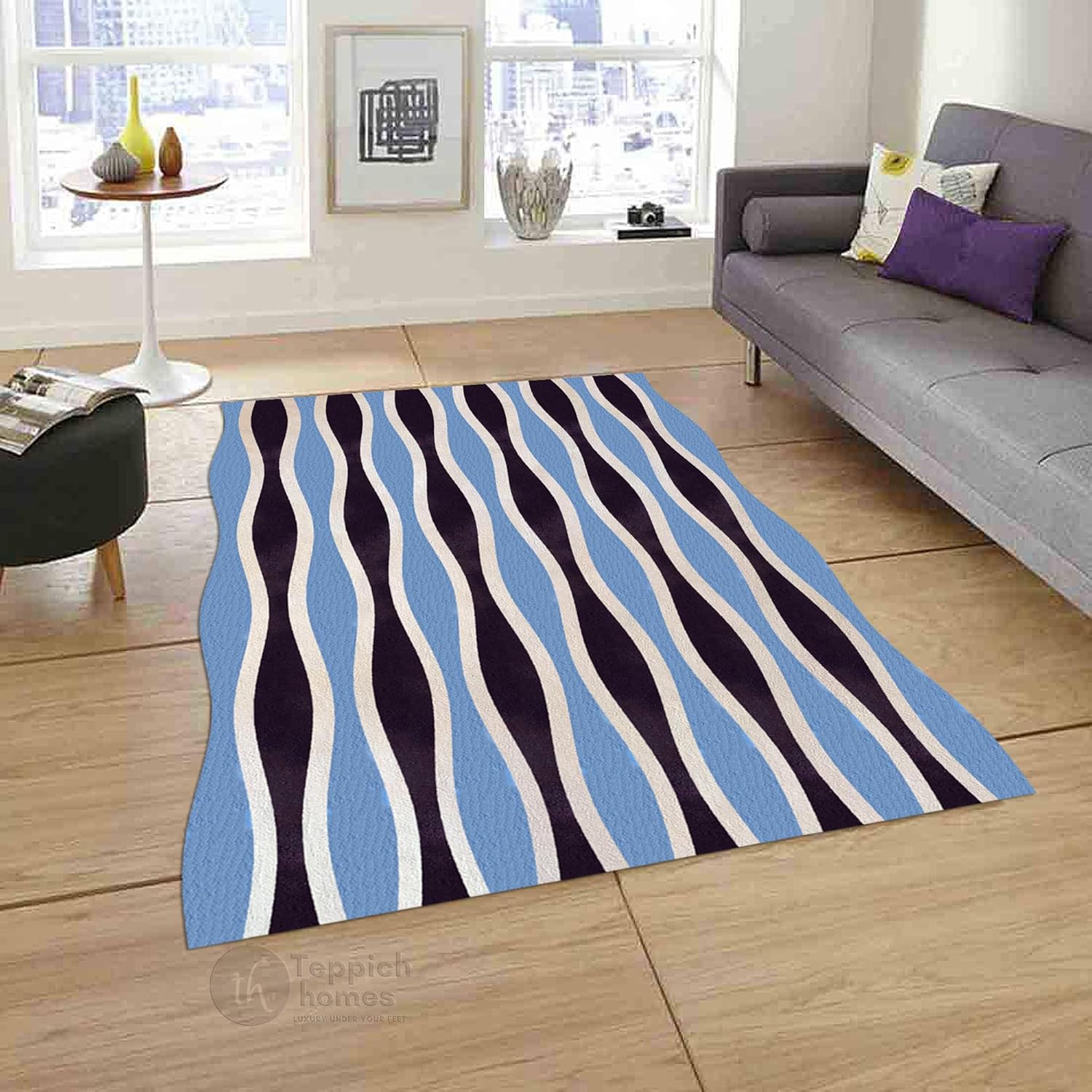Hand Tufted Wool Area Rug Blue Black Wave Pattern | 7x10 8x10 9x12 |Large Luxury Carpet for Living Room Bedroom Dining Hall