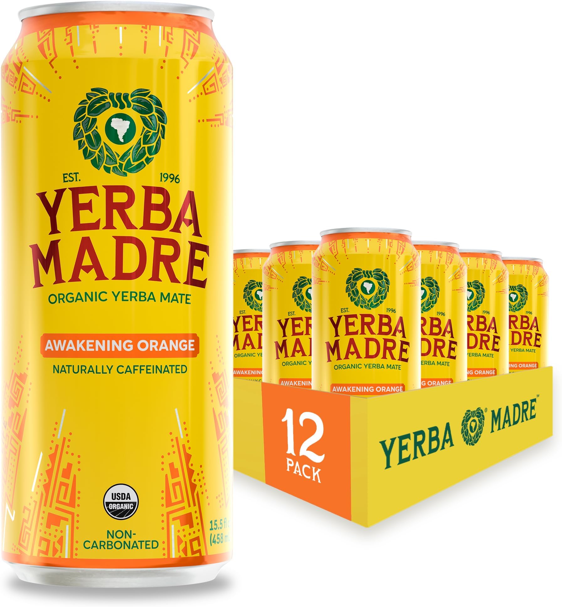 - Yerba Madre Organic Yerba Mate, Awakening Orange, 150mg Natural Caffeine, Energy Drink Alternative, No Jitters or Crash, 15.5 Oz Cans (Pack of 12)