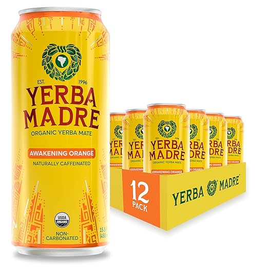 Yerba Madre Organic Yerba Mate, Awakening Orange, 150mg Natural Caffeine, Energy Drink Alternative, No Jitters or Crash, 15.5 Oz Cans (Pack of 12)