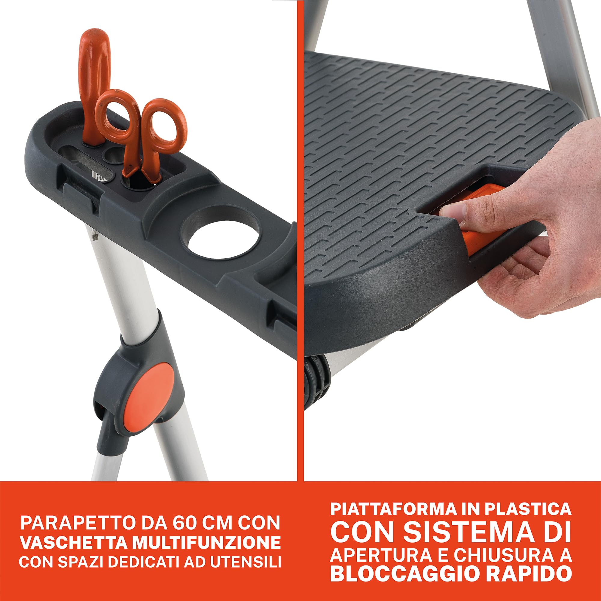 GIERRE Scaletta 2 gradini pieghevole 117H x 49 cm Sgabello Scaletta in Alluminio Anodizzato con Vaschetta Portaoggetti Integrata Scala Salvaspazio con Piedini Antiscivolo e Ampia Piattaforma