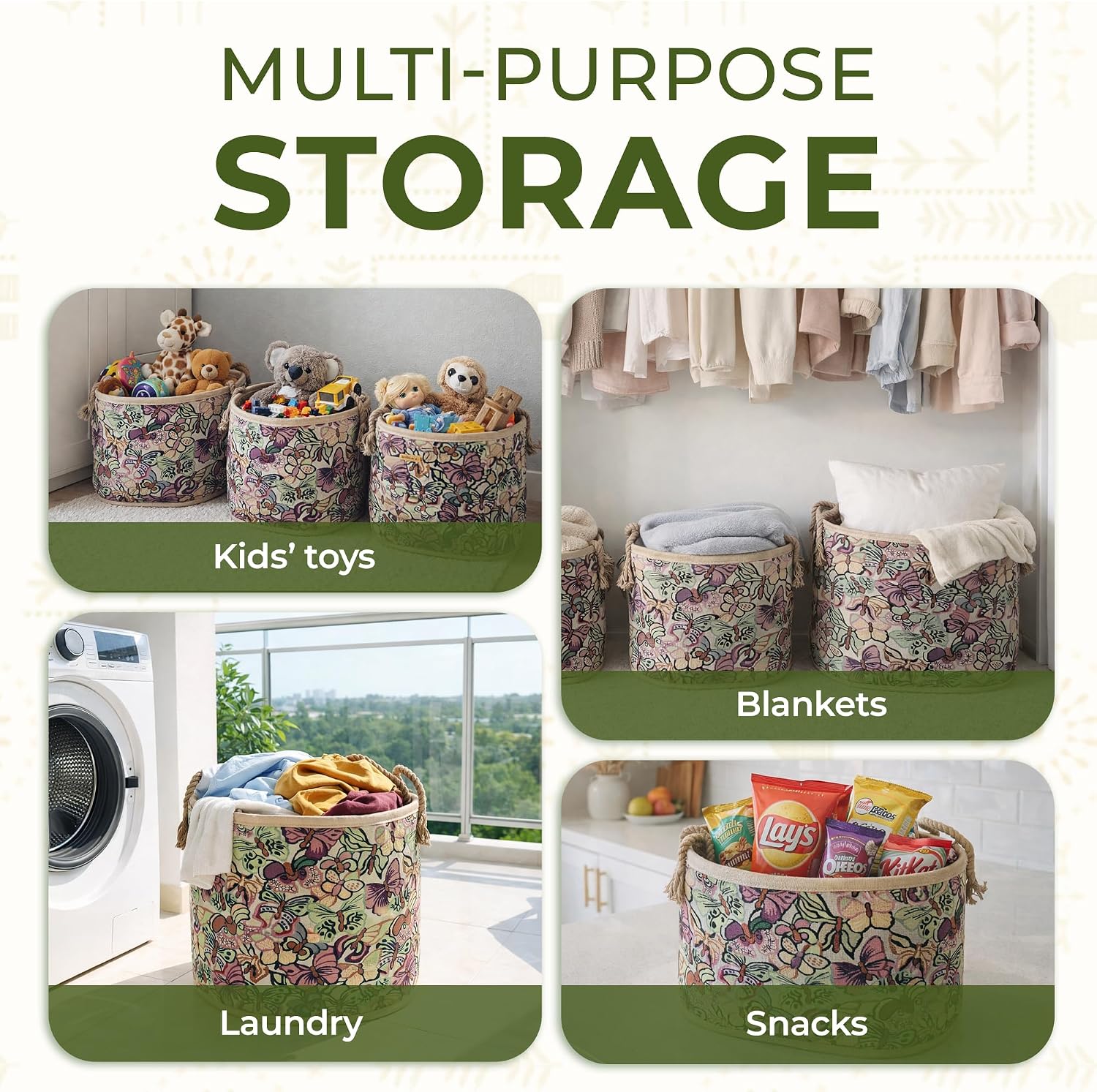 Set of 3 Handwoven Sedge Grass Baskets with Floral & Butterfly Brocade Cover – Decorative Woven Storage Baskets for Laundry, Toys & Blankets – Natural Wicker Hampers for Home & Bedroom Decor